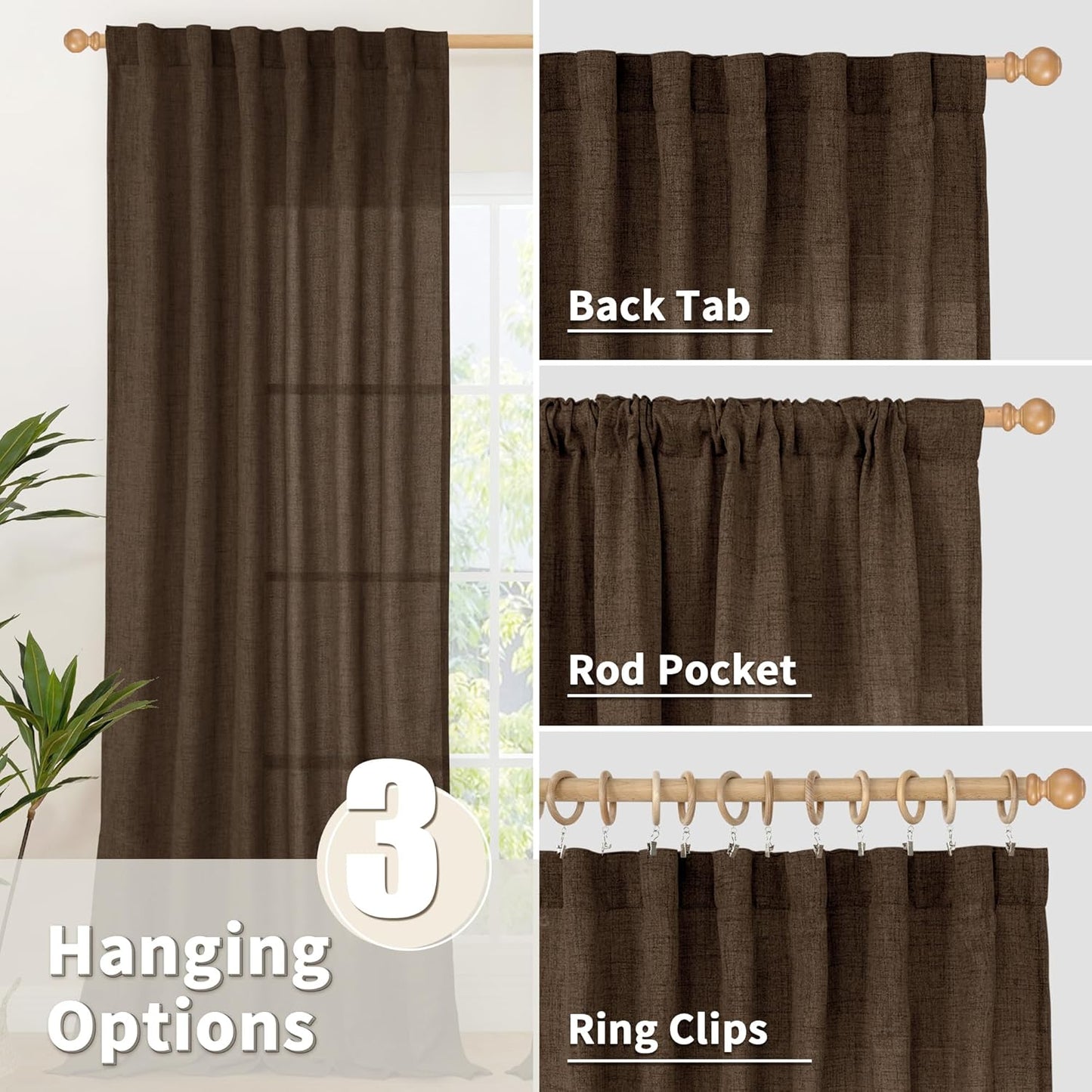 YoungsTex Dark Brown Linen Curtains for Living Room 2 Panels, Chocolate Light Filtering Window Drapes with Rod Pocket Back Tab Textured Semi Sheer for Dining Bedroom, 52 X 72 Inch