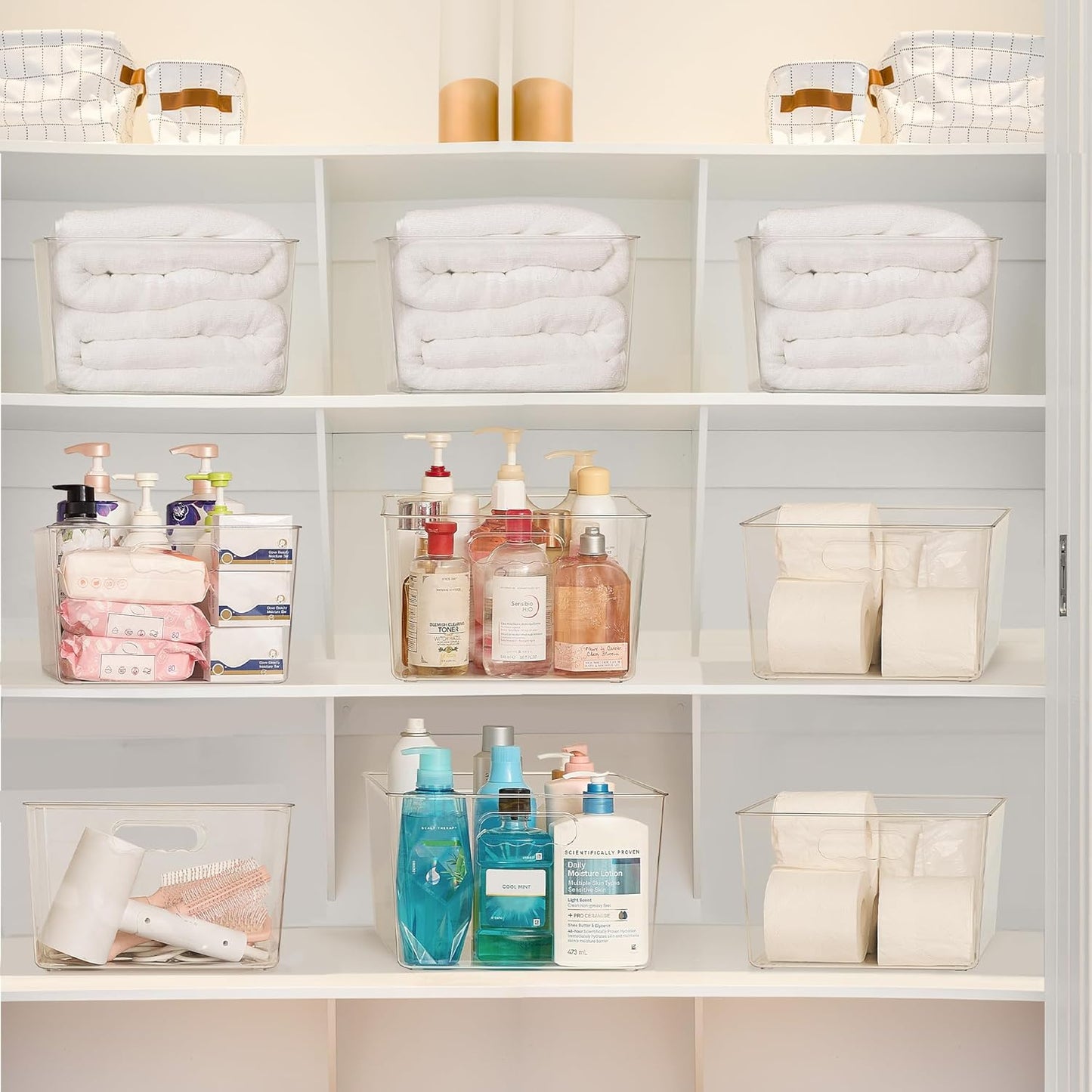 Vtopmart 4 Pack Extra Large Clear Plastic Storage Bins,11x11 Cube Acrylic Organizer Square Containers with Handle for Pantry,Closet,LaundryRoom,Kitchen,Bathroom,UnderSink Organization