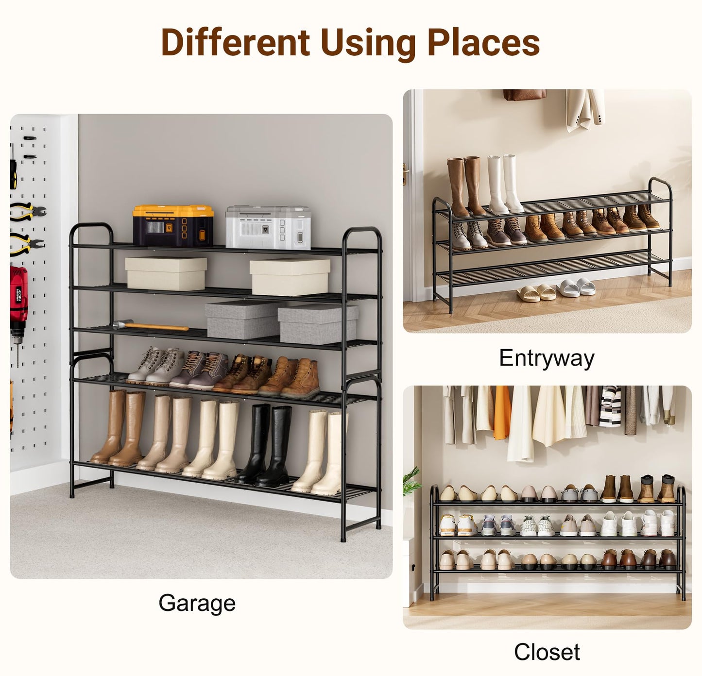 KEETDY 3-Tier Long Shoe Rack for Closet Metal Shoe Organizer for Entryway, Wide Stackable Shoe