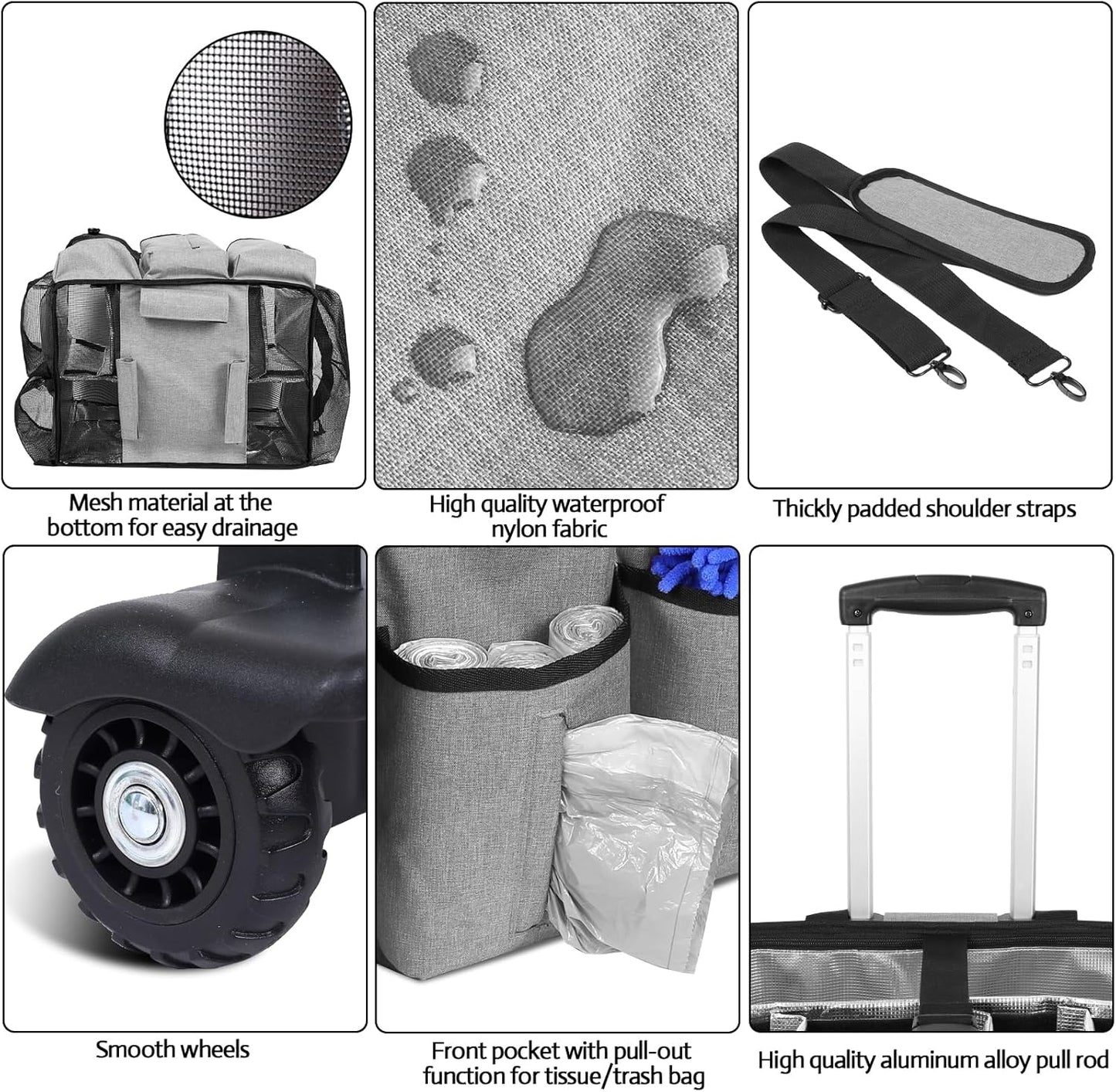 Extra large Rolling Cleaning caddy bag with Detachable, Foldable Trolley Portable Cleaning Cart for Housekeeping Cleaning caddy with Adjustable Shoulder Strap and Multiple Storage Pockets