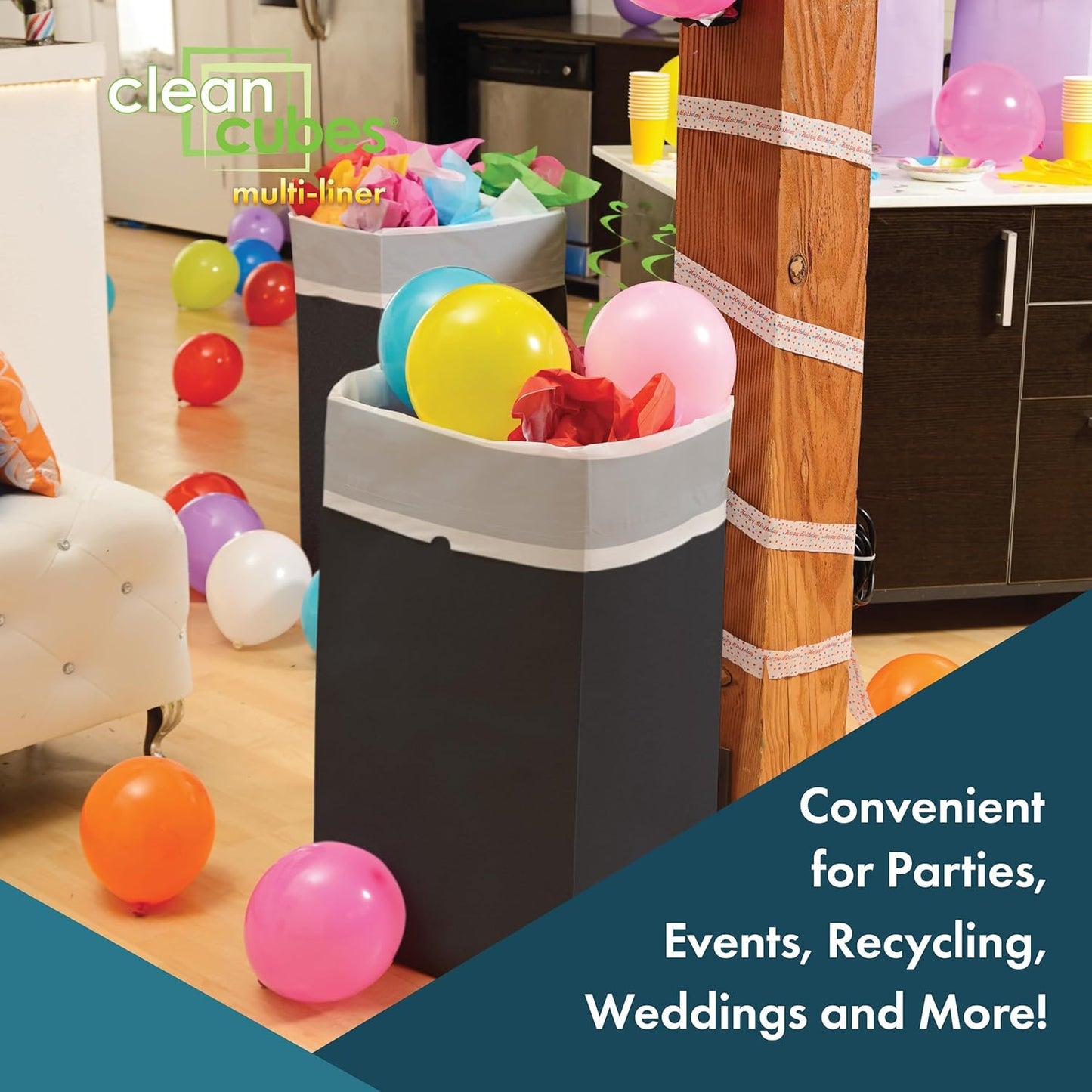 30 Gallon Disposable Pop-Up Trash Cans (3-Pack, Multi-Liner) with Fitted Bags – Foldable Garbage & Recycling Bins for Parties, Events & Kitchen (Black 30" H x 14" W x 17" D)