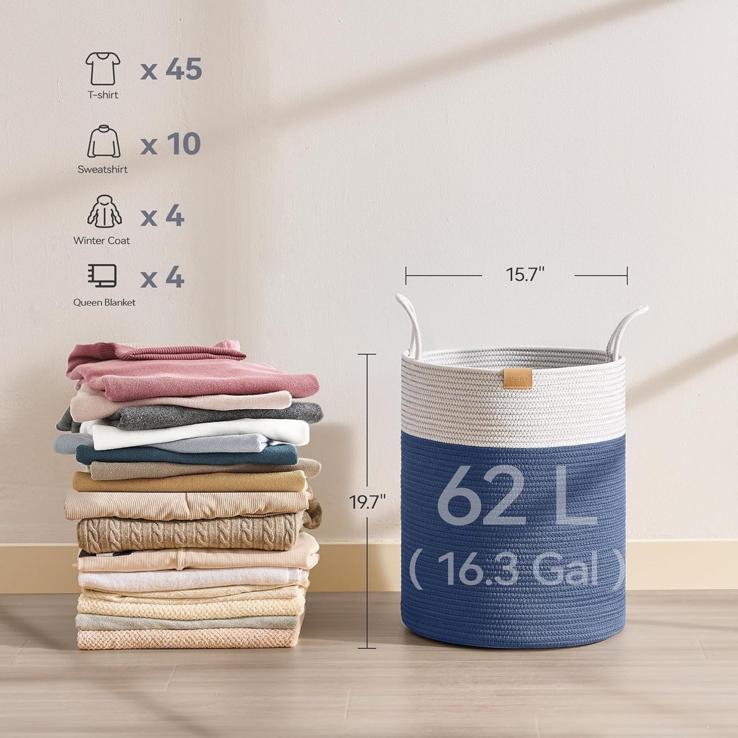 Laundry Hamper 62L,Large Laundry Basket for Clothes,Decorative Storage Basket for Blankets,Cotton Rope Woven basket for bedroom,Navy Blue