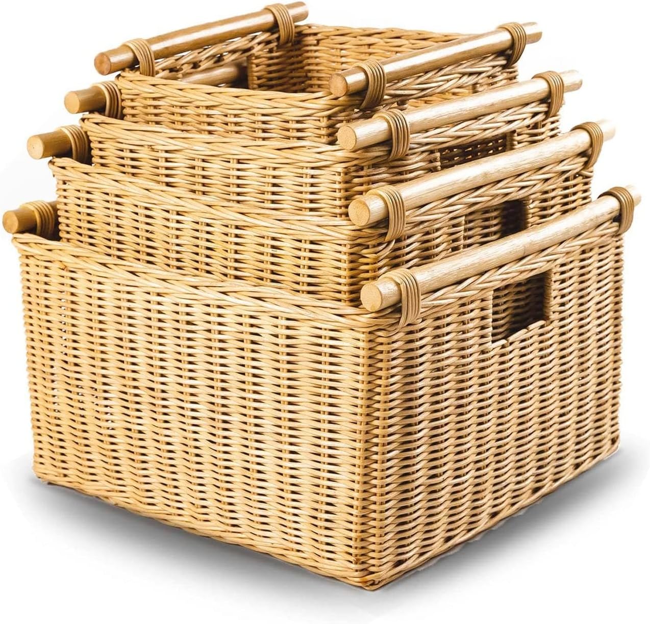 The Basket Lady Deep Pole Handle Wicker Storage Basket, Medium, 13.5 in L x 14 in W x 9 in H, Sandstone