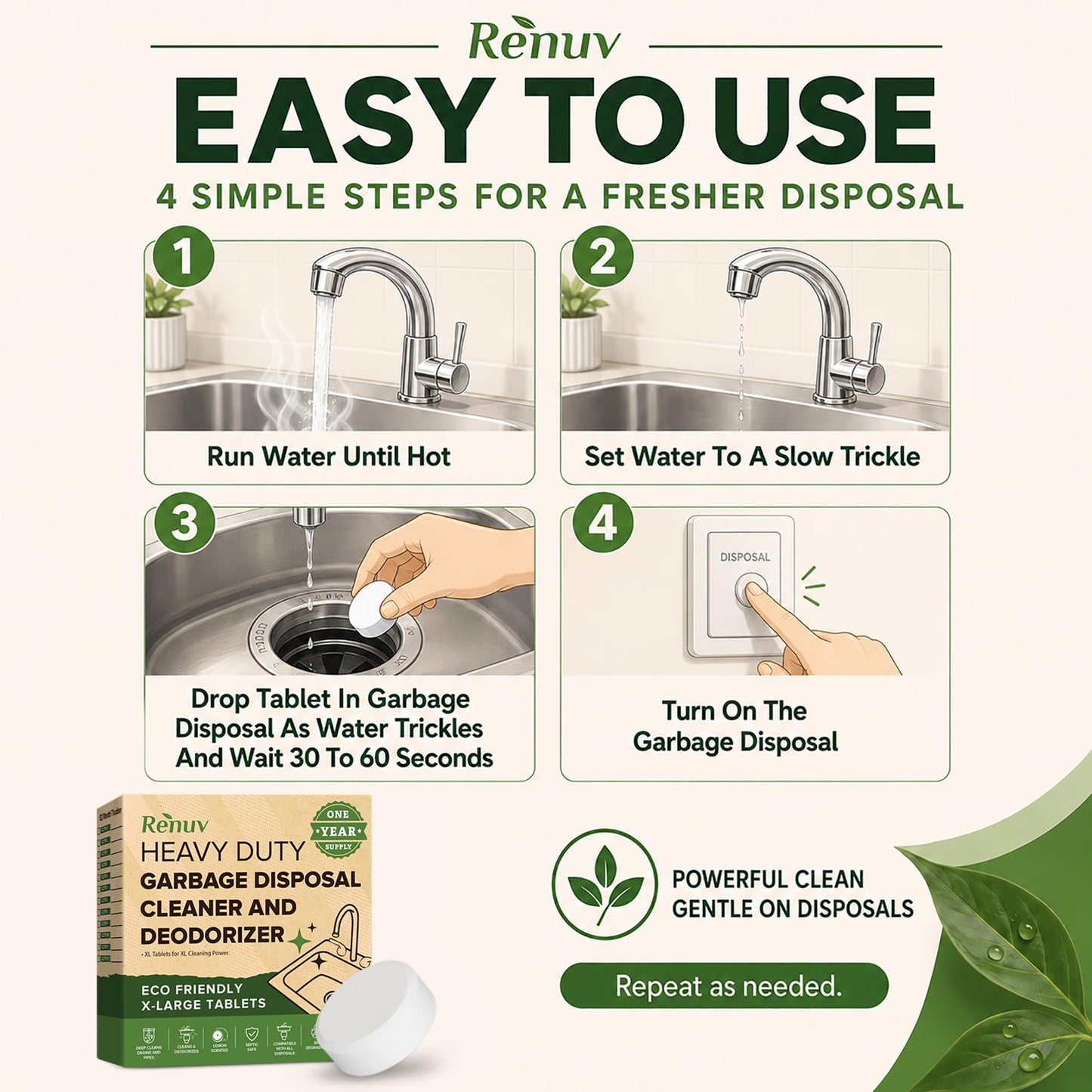 Renuv® Garbage Disposal Cleaner & Deodorizer Tablets, 12 XL Tablets