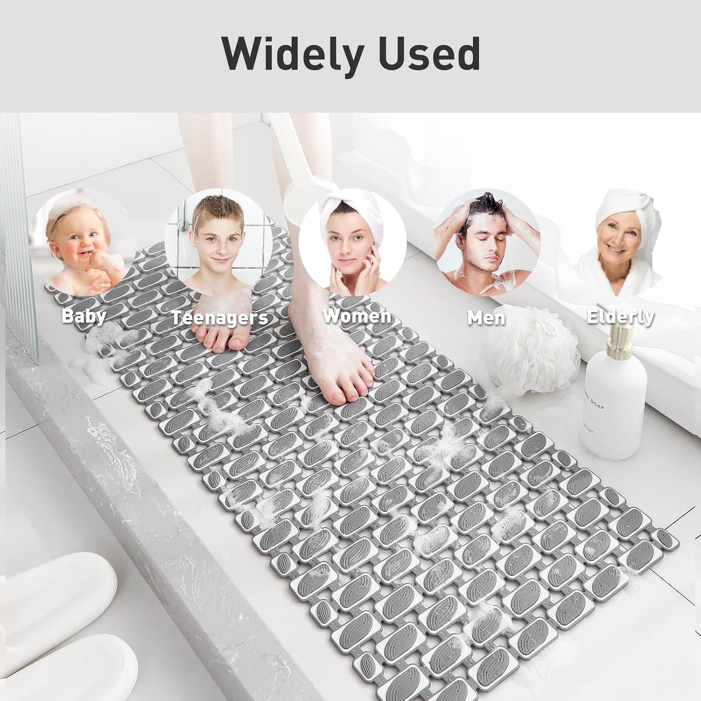 Bath Mat for Tub Non Slip Shower Mat for Elderly - 36 x 16 Inch Soft Durable Bathtub Mat Non Slip Shower Mat for Inside Shower with Suction Cups & Drain Holes, Machine Washable Easy to Cut, Dark Grey