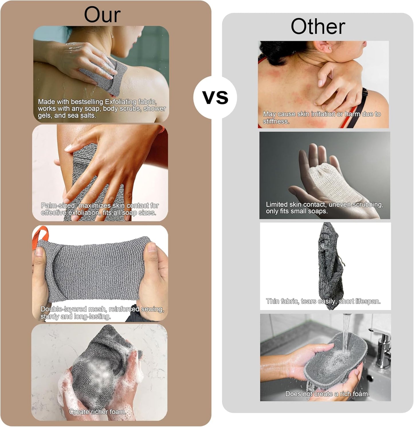 4 Pack Soap Bag Different Roughness Deep and Gentle,Bar Soap Pouch Saver Pocket,Exfoliating Body Scrubber Shower Bath Sponge Loofah (Grey)