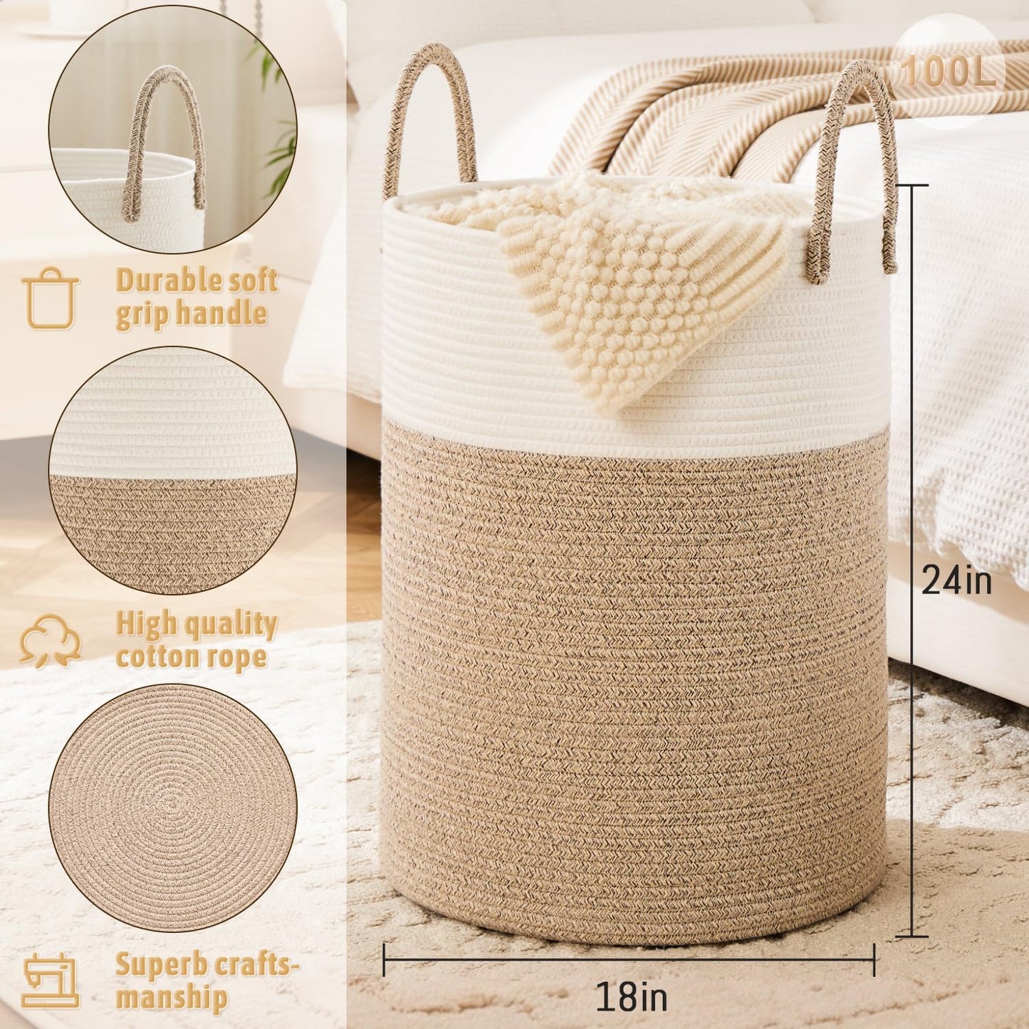 Laundry Basket,Woven Cotton Rope Laundry Hamper,100L for Decorative Storage of Dirty Clothes,Toys and Blankets in Bathroom,Baby Room and Living Room