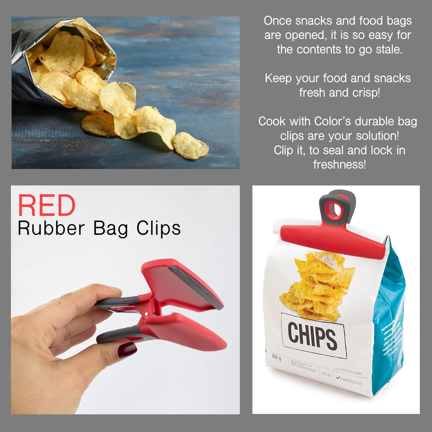 COOK WITH COLOR Wide Heavy Duty Chip Clips, Large Bag Clips for Food Storage, Pack of 4, Red