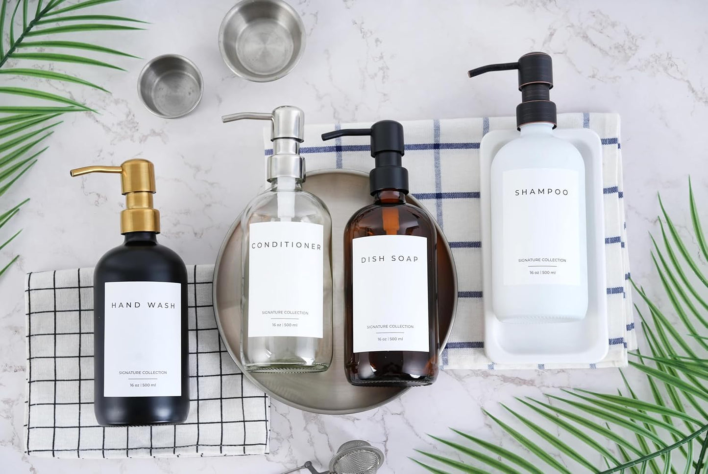 Emerson Essentials Soap Dispensers, Dish Soap Set for Kitchen, Farmhouse Bathroom Set, Hand Soap Dispenser | Glass Soap Dispenser with Pump and Labels, 16 Oz, 2 Pack