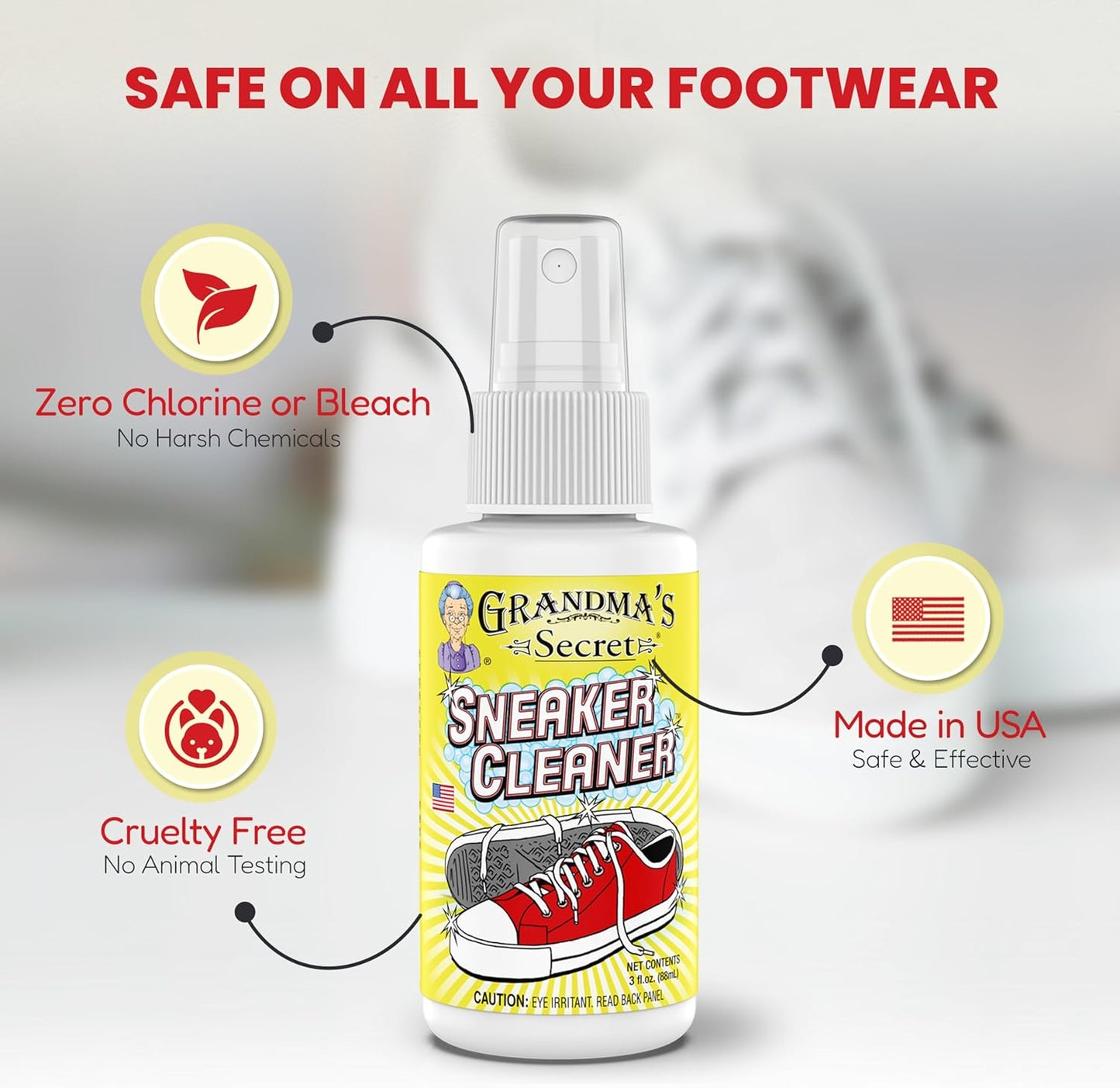 Grandma's Secret Sneaker Cleaner - Shoe Cleaner for Rubber, Canvas and Leather - Stain Remover Spray Removes Dirt, Grime and Grass - Sneakers Cleaner for Outdoor Shoes, Slippers and Moccasins ??3 oz