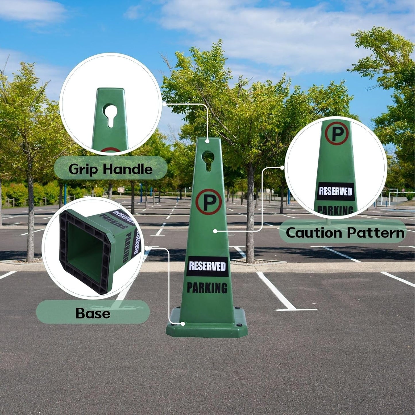 8-Pack 26.5" Caution Cones, 4-Sided Visible Safety Signs with Heavy Rubber Base, Warning for Slip & Fall Prevention, Indoor/Outdoor Use (Green, 8Pcs-Reserved Parking)