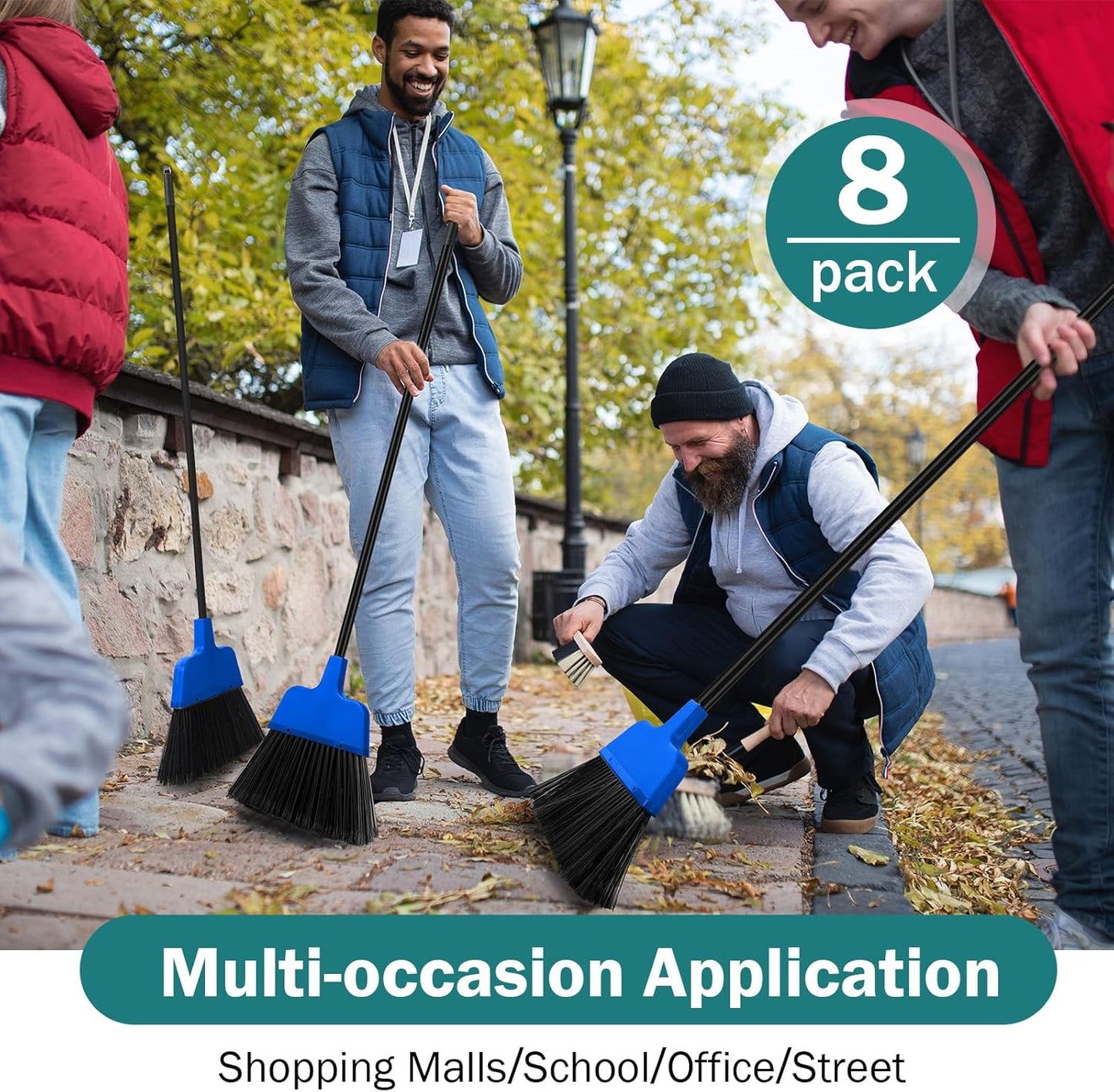 8 Pcs Outdoor Broom for Floor Cleaning 54 Inch Commercial Heavy Duty Broom Long Handle Kitchen Household Angle Brooms for Sweeper Sweeping Indoor Dust Hair Cleaner Corn Shop(Blue)