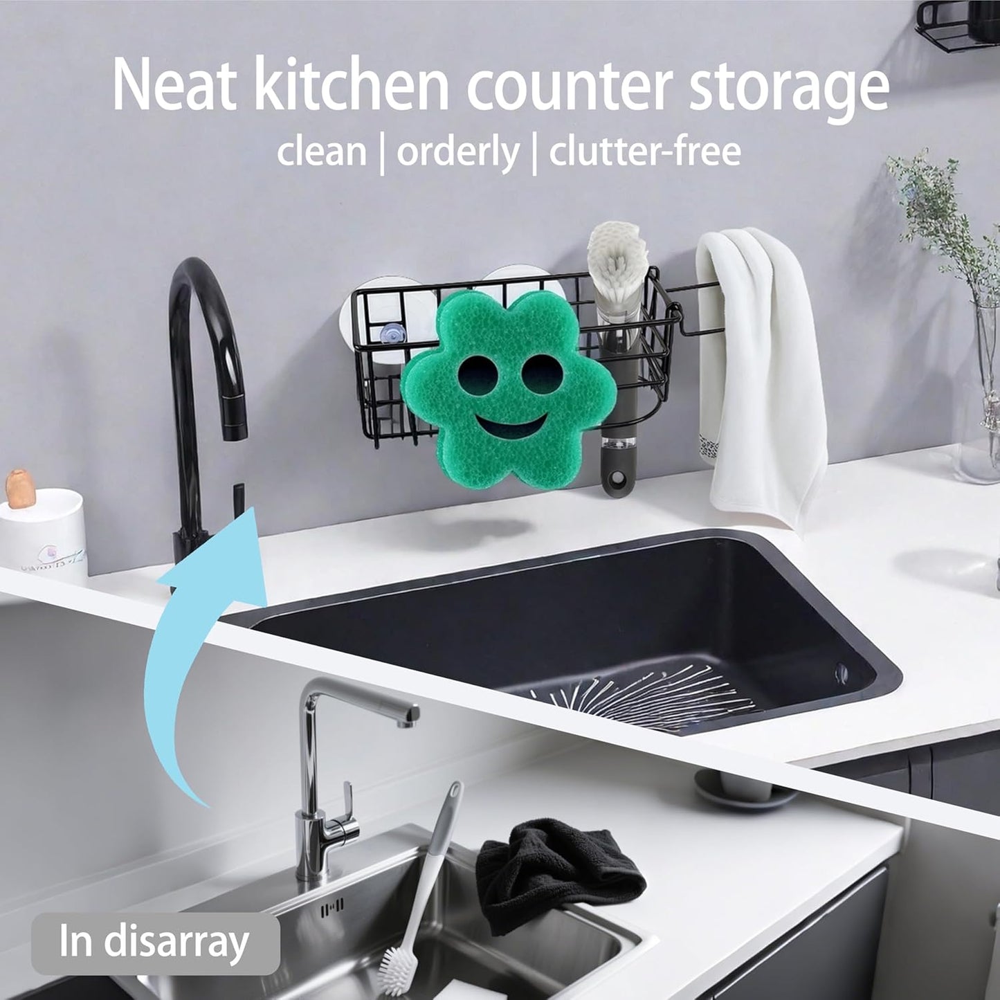 Sponge Holder Smile Face with Dish Cloth Hanger for Kitchen Sink, In-sink Caddy Organizer with Suction Cups & Adhesive Strips, Rustproof Sponge Rack for Soap, Brush, Scrubber - Black