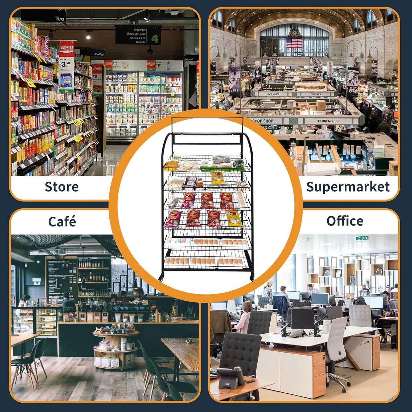 Tongmo Bakery Display Rack: Equipped with Wheels and Header Holder, 39.5" Wide Potato Chip Display Rack, 6 Shelves Snack Rack Display.(39.5", 6-Shelves, Black)