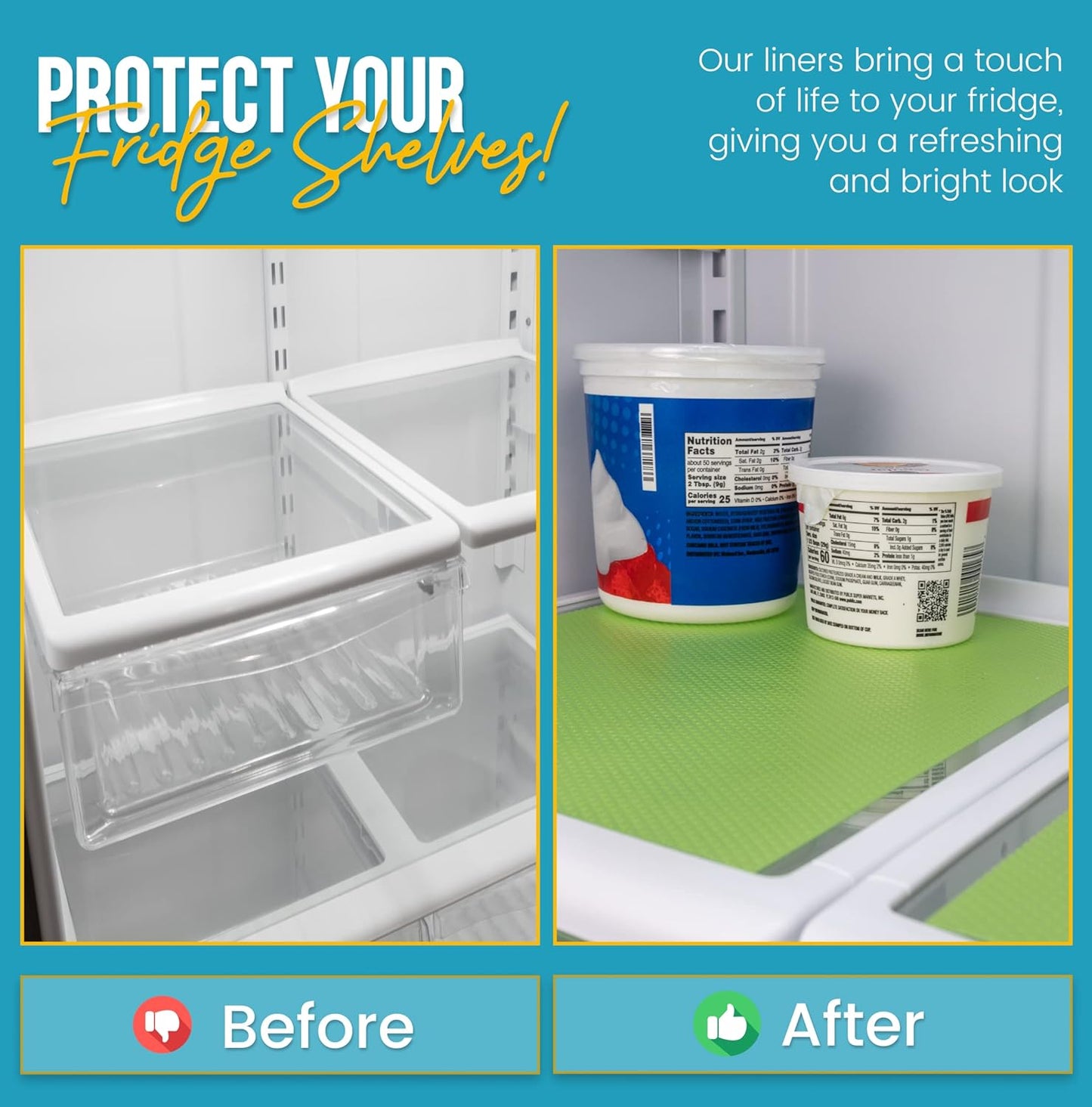 Refrigerator Liners for Shelves (12 Pack) by Linda’s Essentials - Non-Adhesive Shelf or Drawer Liner, BPA-Free Fridge Mats for Kitchen & Cabinets, Easy to Clean, Ideal Household Essentials (Green)