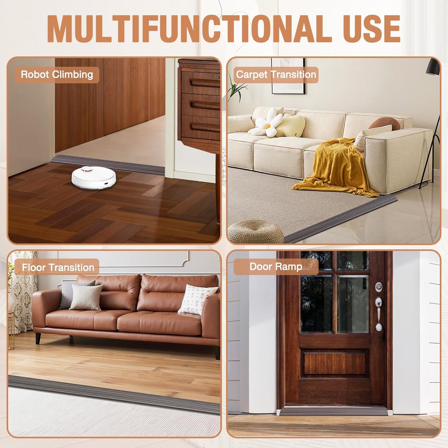 Floor Transition Strip Self Adhesive Vinyl Door Threshold for Doorways Carpet Edging Trim Overlap Edge Reducer for Laminate Floor, Carpet, Tile (Grayish Brown Wood Grain, 3/5" to 4/5", 3.3Ft)