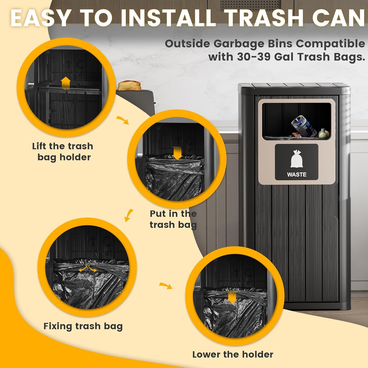 22 Gallon Outdoor Trash Can Waterproof Resin Garbage Can with Waste Labels Outside Trash Bin for Patio Kitchen Commercial Garbage Can Backyard or Deck Black