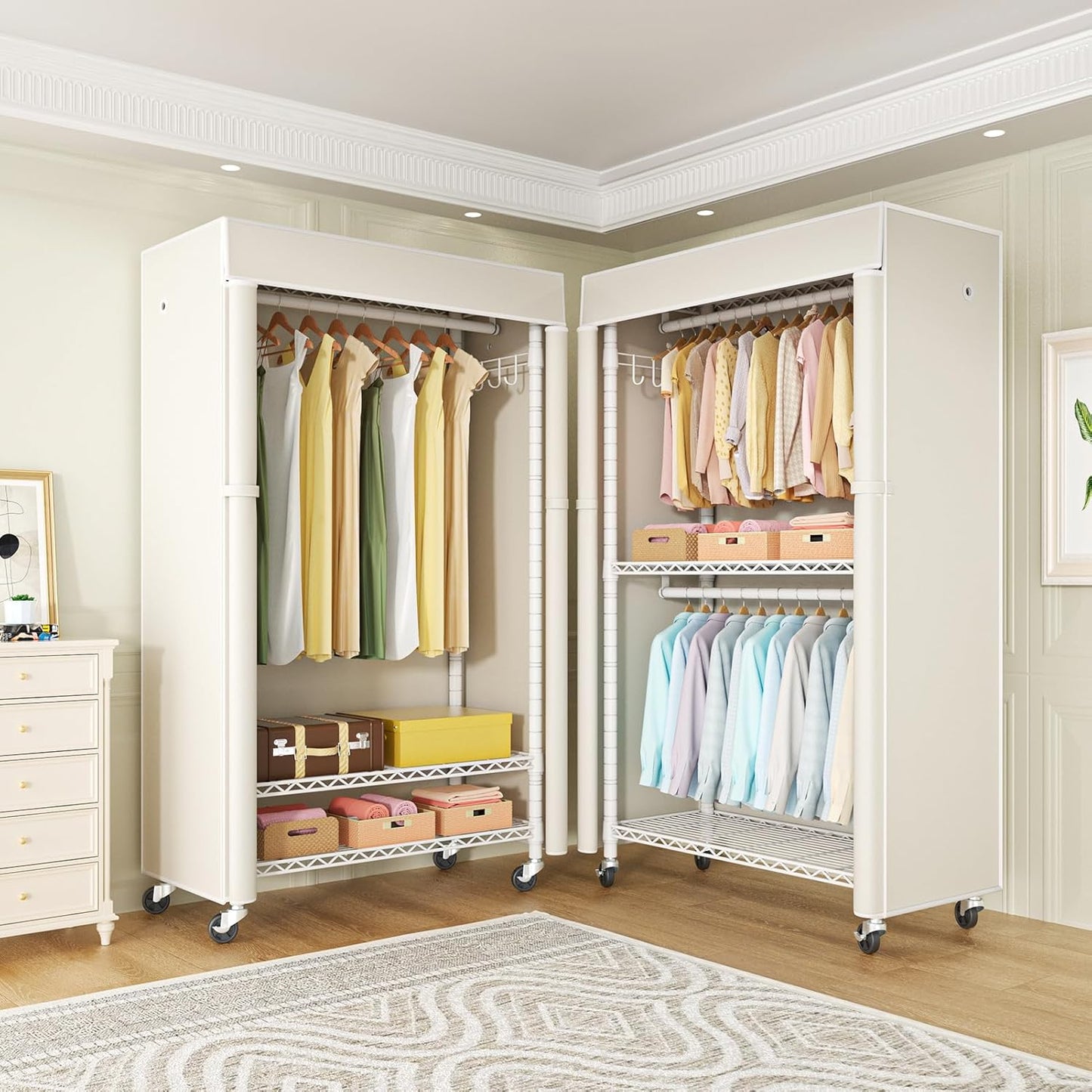 FUTASSI White Clothing Rack with Beige Cover, P1C Rolling Closets with Wheels, Metal Garment Rack for Hanging Clothes, Clothing Storage Wardrobe, 36.2" W x 16.5" D x 80.5" H, Load 450 Pounds