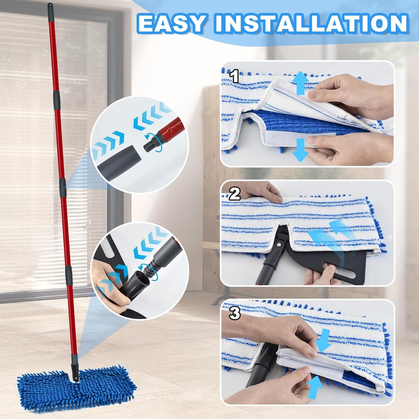Microfiber Mops for Floor Cleaning, Flat Mop with 3 Reusable Pads and Extendable 58" Long Handle for O Cedar Dual-Action Microfiber Flip Mop , Dust Mop for Hardwood Floors, Wet & Dry Use