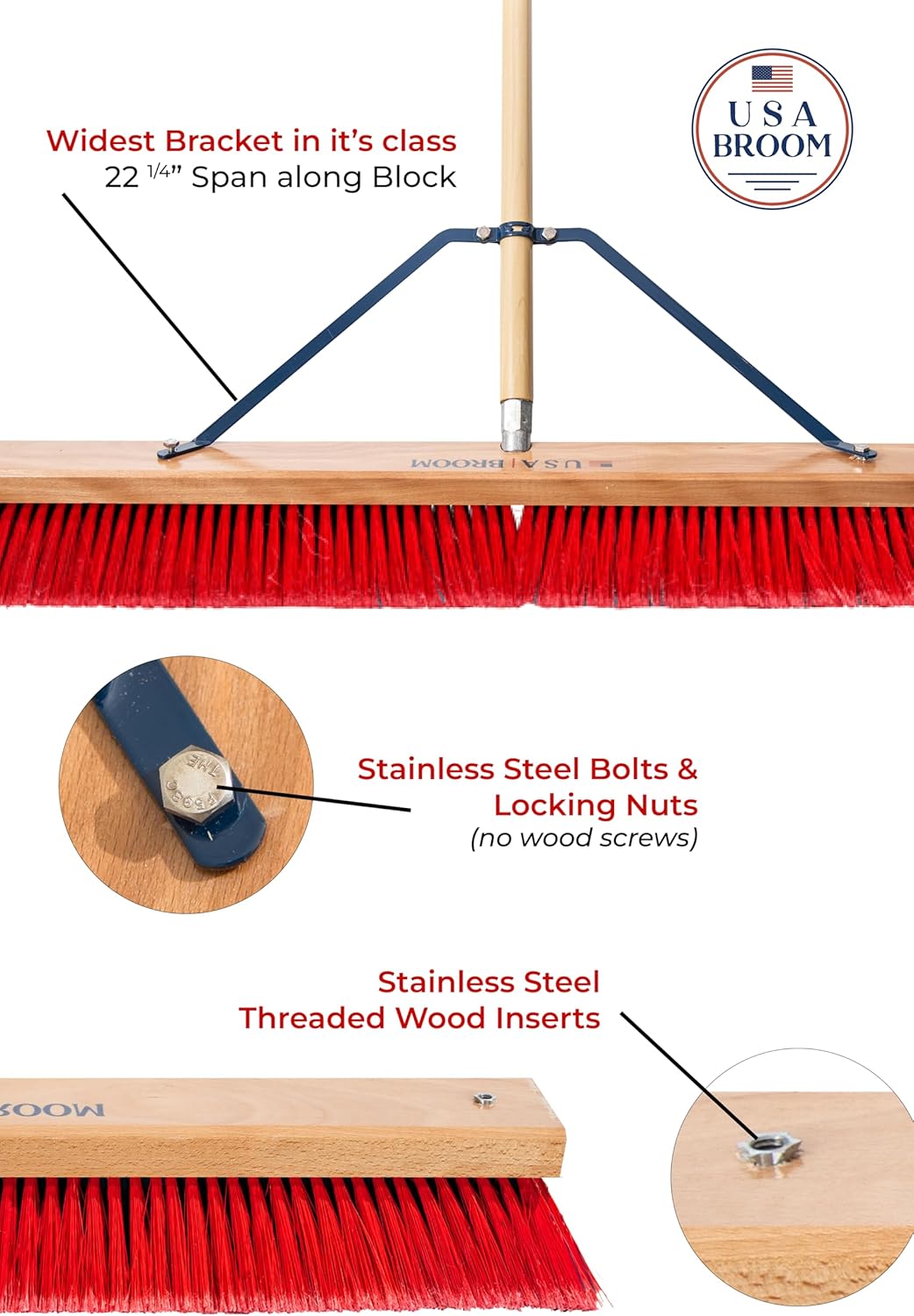 USA Broom 36" Everyday Sweep Indoor/Outdoor Push Broom with 60" Handle. Ideal for Garages & Shops. Durable American Made Steel Brackets-All Stainless Steel Hardware. No Plastic. 100% Made in The USA.