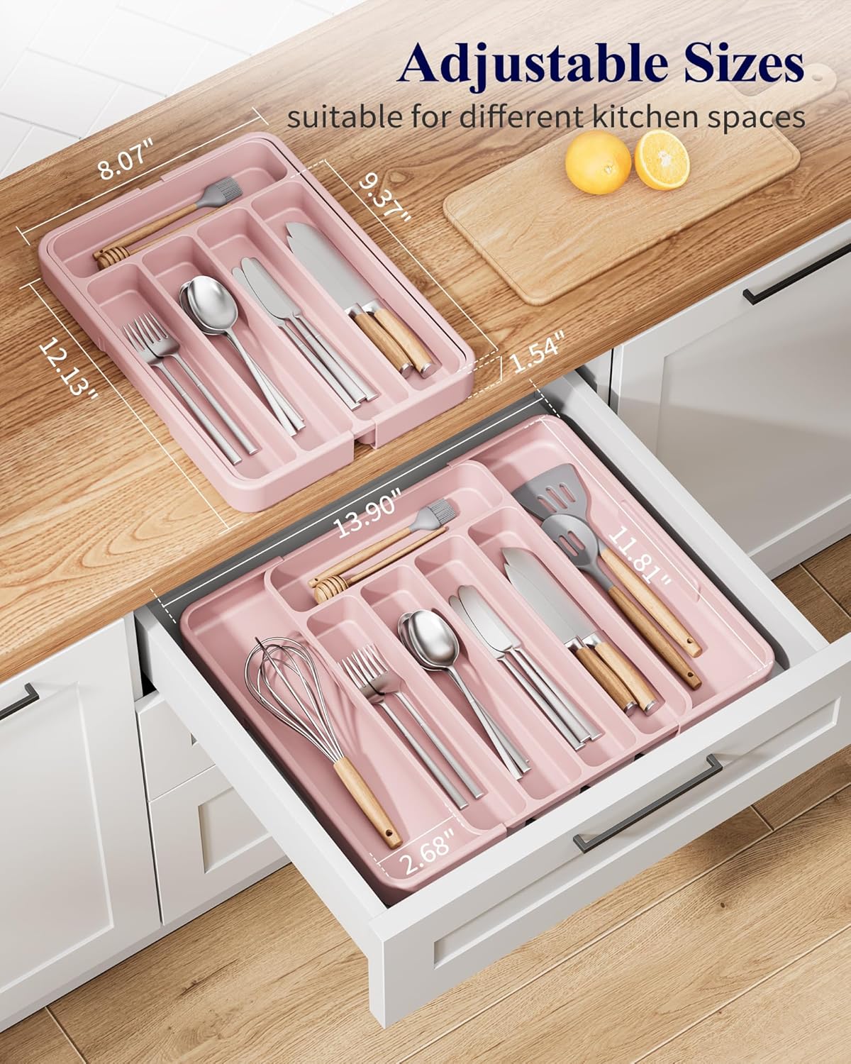 Kitsure Cutlery Drawer Organiser for Kitchen - Adjustable Cutlery Tray for Effortless Utensil Sorting, Versatile Kitchen Storage & Organisation Solution, 12.13" x 1.54" x 8.07"~13.90", Pink