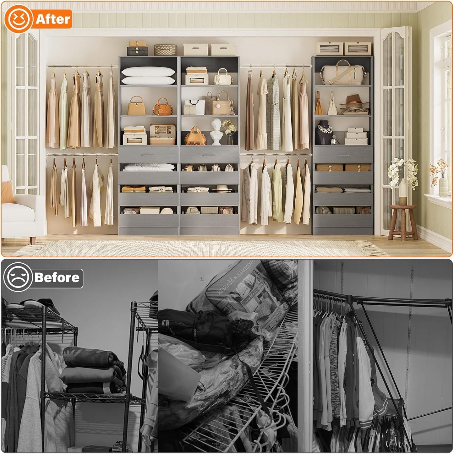 Aheaplus Closet System with 12 Drawers, 8.5-11.5Ft Wood Closet Organizer System with 4 Hanging Rods & 3 Towers, 4Ft & 6Ft L-Shaped Walk-in Closets Wardrobe Organizer Clothes Rack, Set of 3, Grey