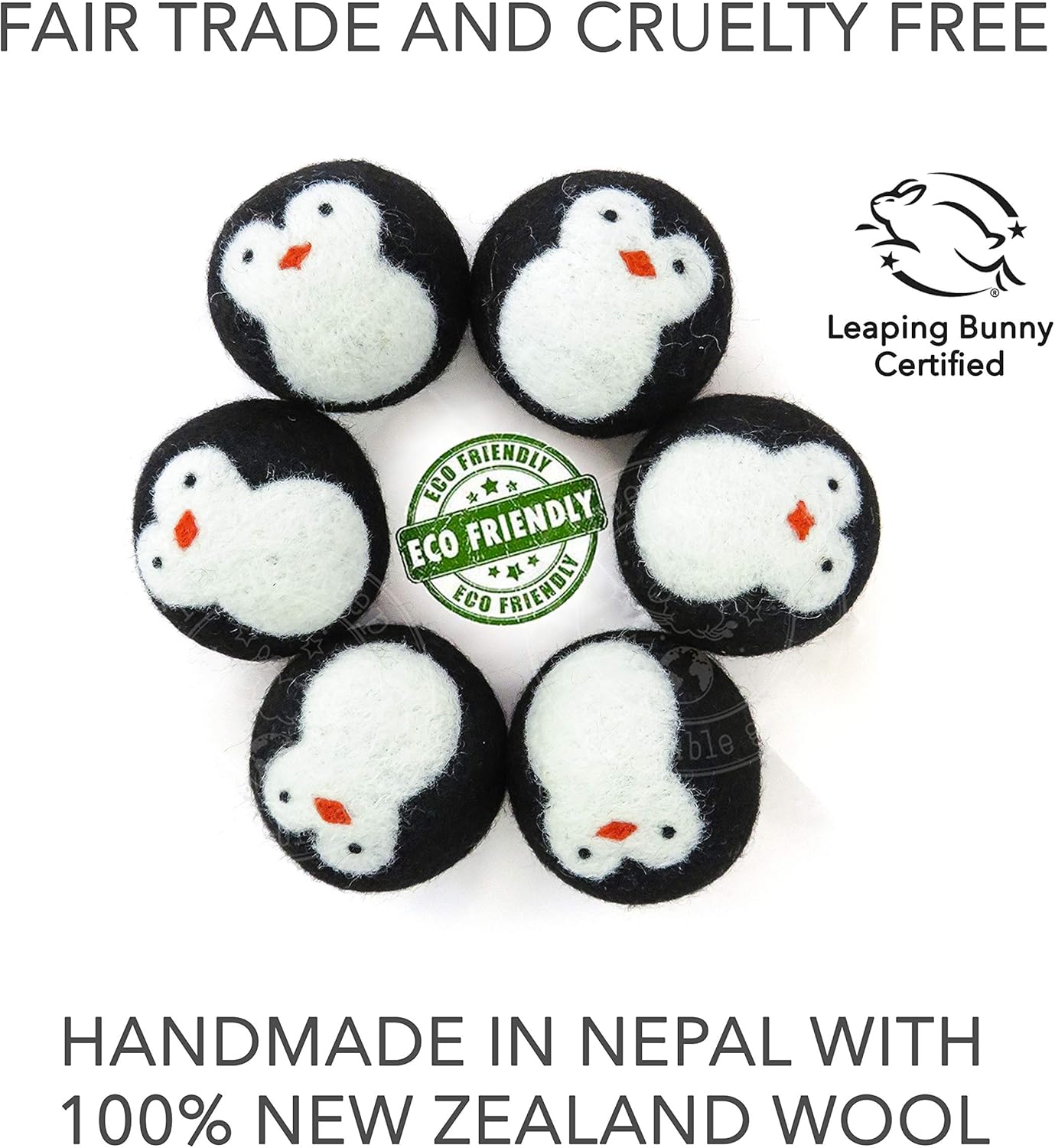 Friendsheep Wool Dryer Balls, Organic Fair Trade Reusable Fabric Softener, Extra Large, 6 Pack, Black Penguin - Cool Friends