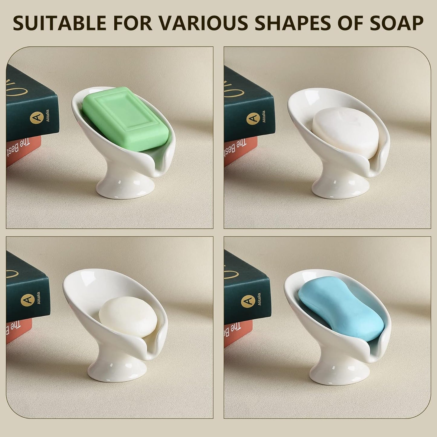 Soap Dish, Self Draining Bar Soap Holder for Bathroom Sink, Leaf-Shaped Drainage Ceramic Cream White Porcelain Decorative Soap Dish, ANTIS'S HOME