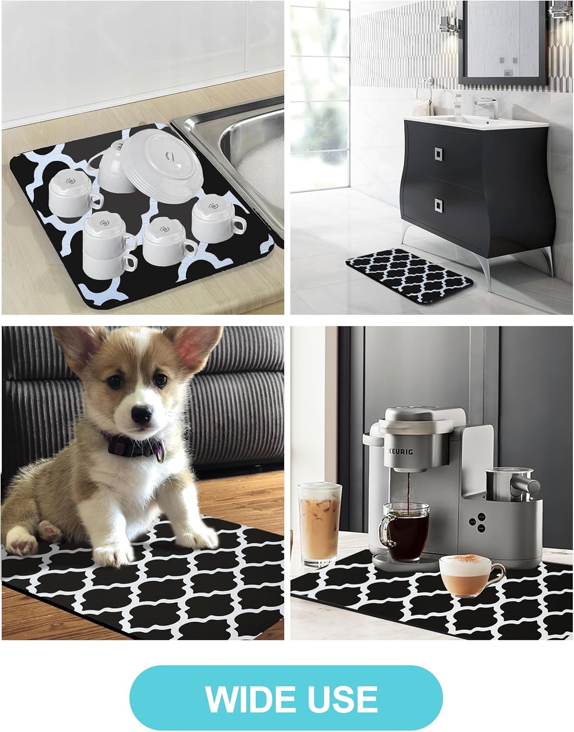 Dish Drying Mat for Kitchen Counter, 12"x19" Dish Drying Pad with Non-slip Rubber Backed, Hide Stain Anti Absorbent for Kitchen Counter, Drying Mat for Coffee Machine Dish Rack (Black Trellis)