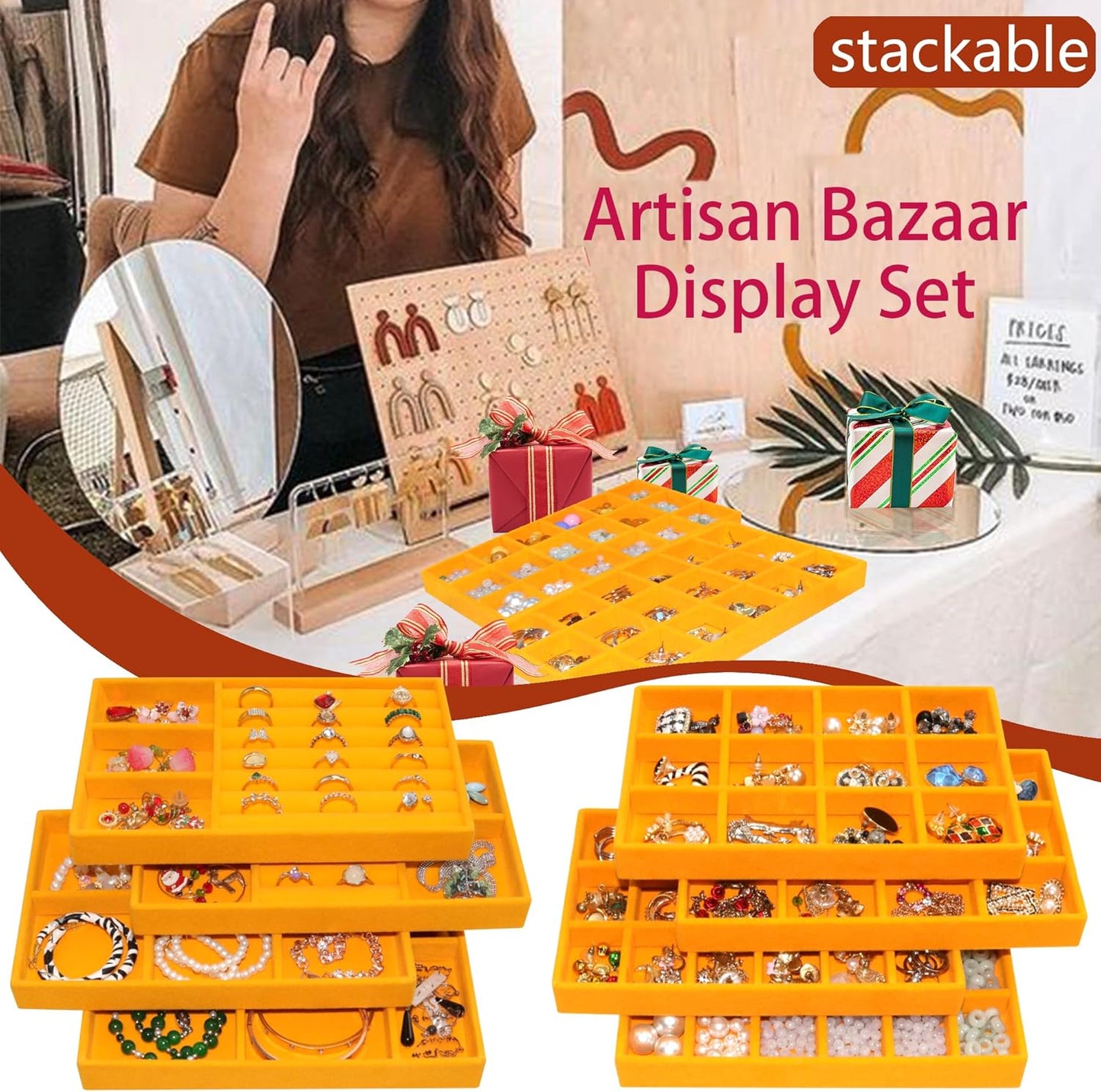 Set of 8 Stackable Velvet Jewelry Trays Organizer Jewelry Display Storage Box Dresser Drawer Organizer for Earring Necklace Bracelet Ring Accessary