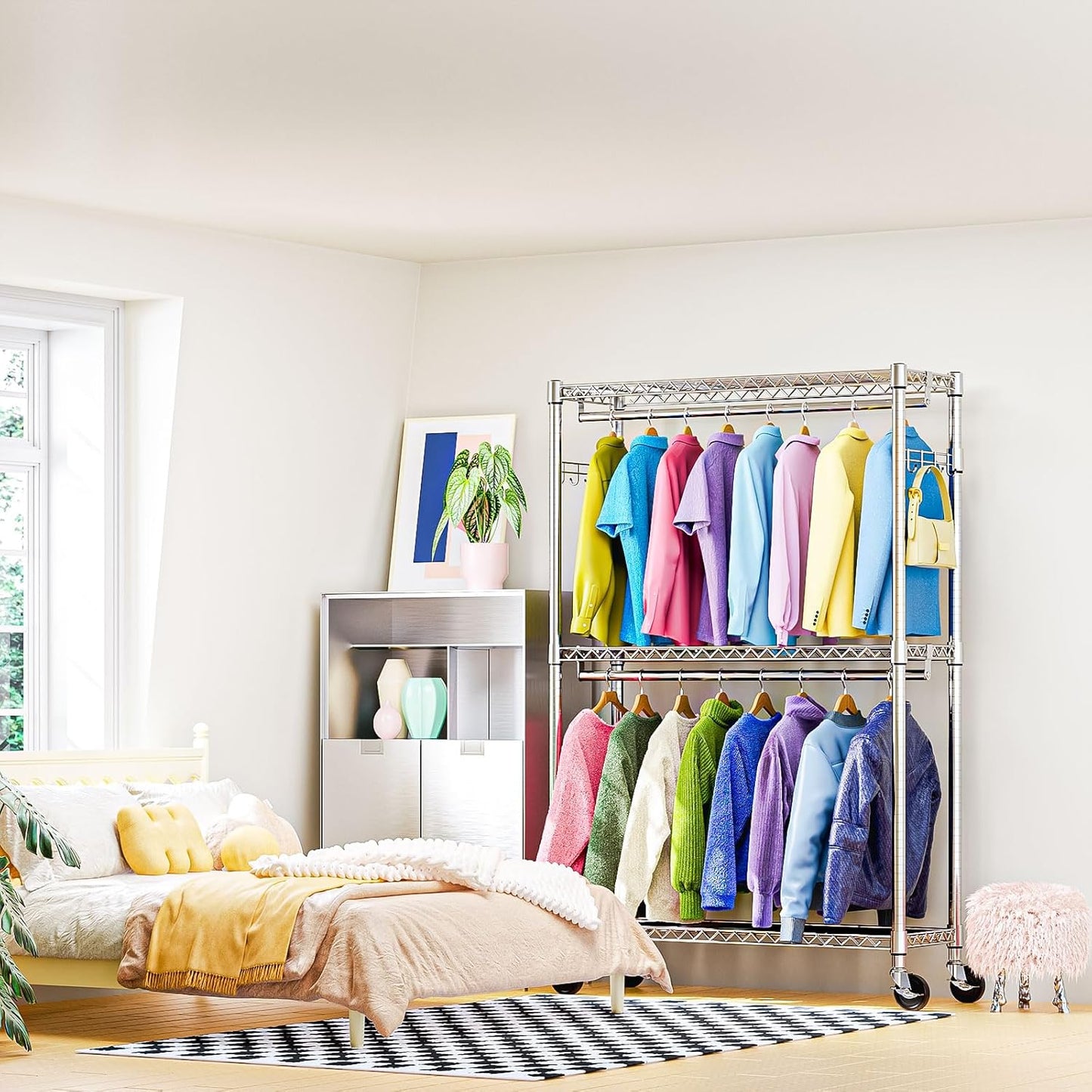 Heavy Duty Rolling Garment Rack 3 Tiers Adjustable Wire Shelving Clothes Rack with 2 Rods and Side Hooks,Storage Closet Clothing Rack with Wheels Chrome 15.7" D x 45.3" W x 79.6" H