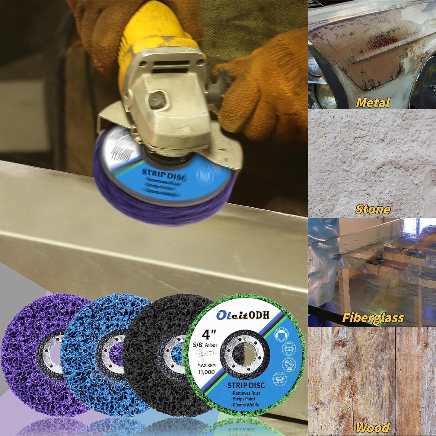 20 Pcs 4" x 5/8" Strip Discs Bulk, Paint Stripping and Rust Removal Wheels for Angle Grinders, Abrasive Grinding Discs for Metal, Wood, and Fiberglass, Blue+ Purple+ Green+ Black