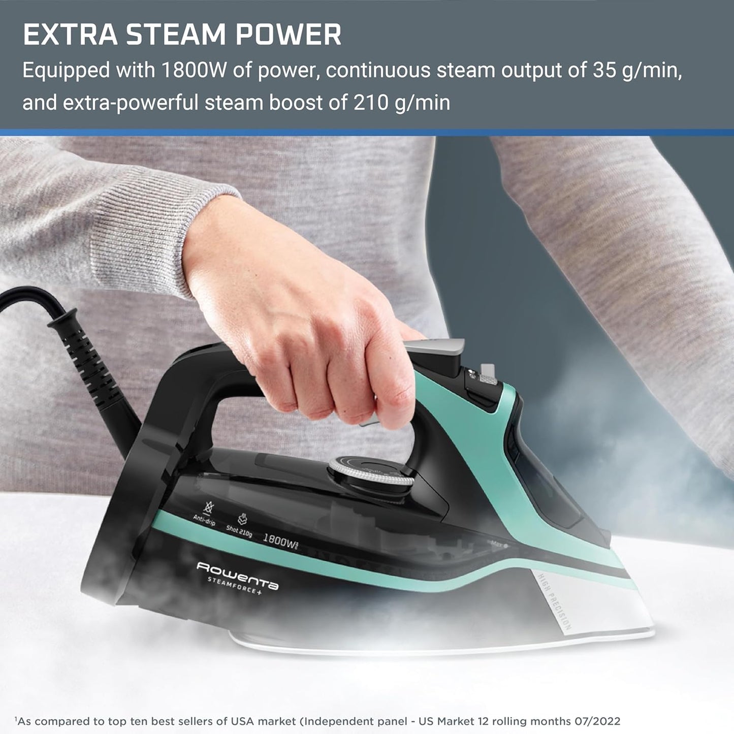 Rowenta Steam Force Stainless Steel Soleplate Steam Iron for Clothes, 400 Microsteam Holes, 1800 Watts, Ironing, Fabric Steamer, Garment Steamer, Digital Display, Precision Tip, DW9440