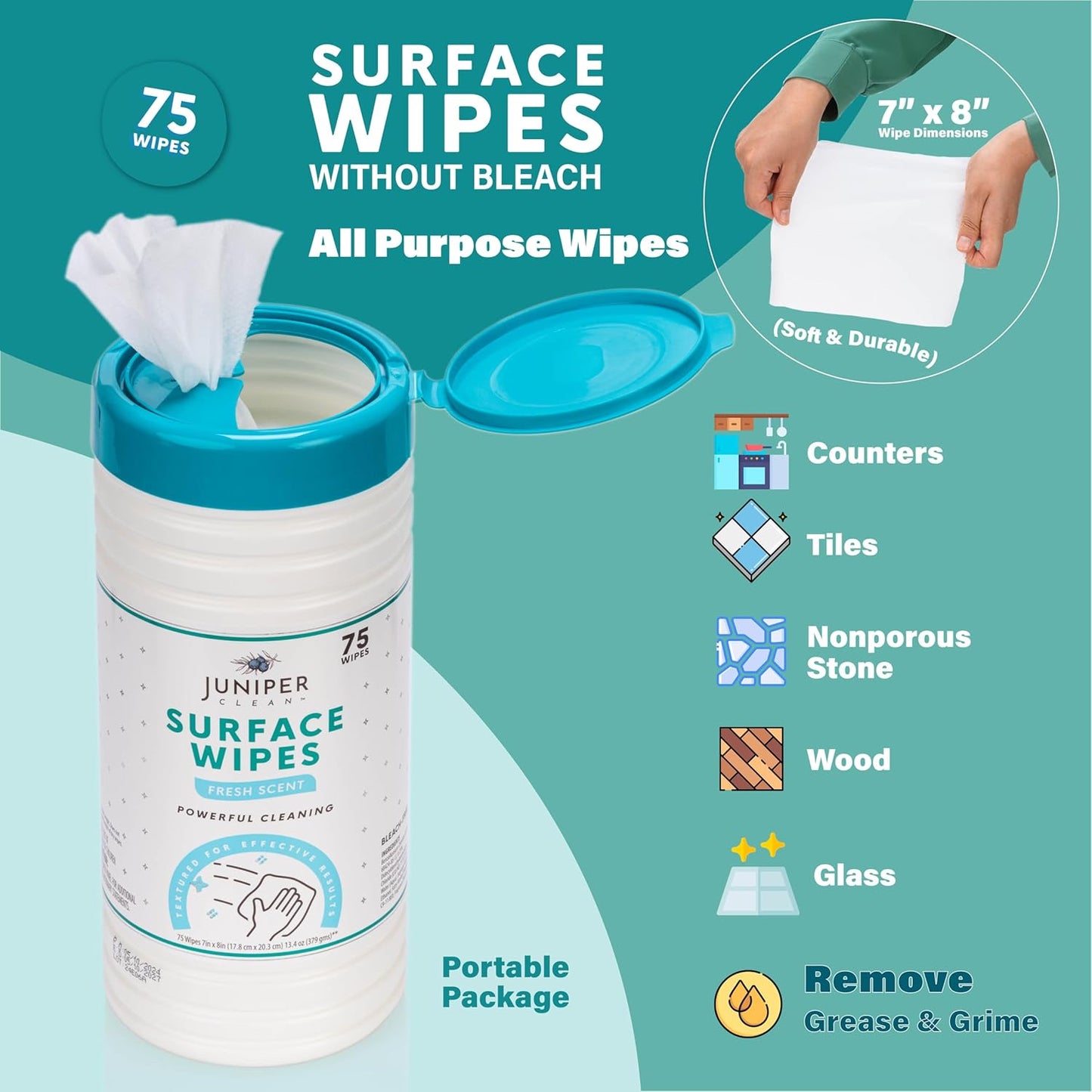 6 Pack Surface Cleaning Wipes Bleach Free, All-Purpose Cleaner for Bathroom, Kitchen, Office, 450 Count Canister, 7.5" x 7" Sheet, Fresh Scent, Lint Free & Durable