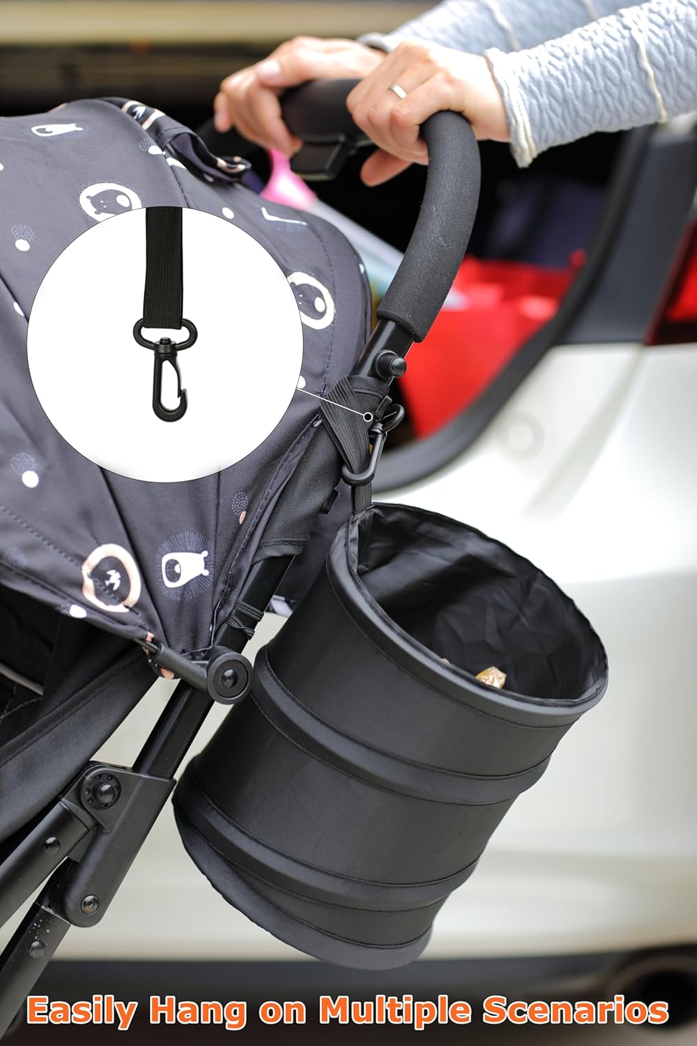 Ginsco New Leakproof Car Trash Can, 1 Gallon Mini Trash Can Pop-up Collapsible Hanging Car Trash Bin with Hook and Loop, Waterproof PEVA Liner Open-Top Garbage Can for Cars Home Office