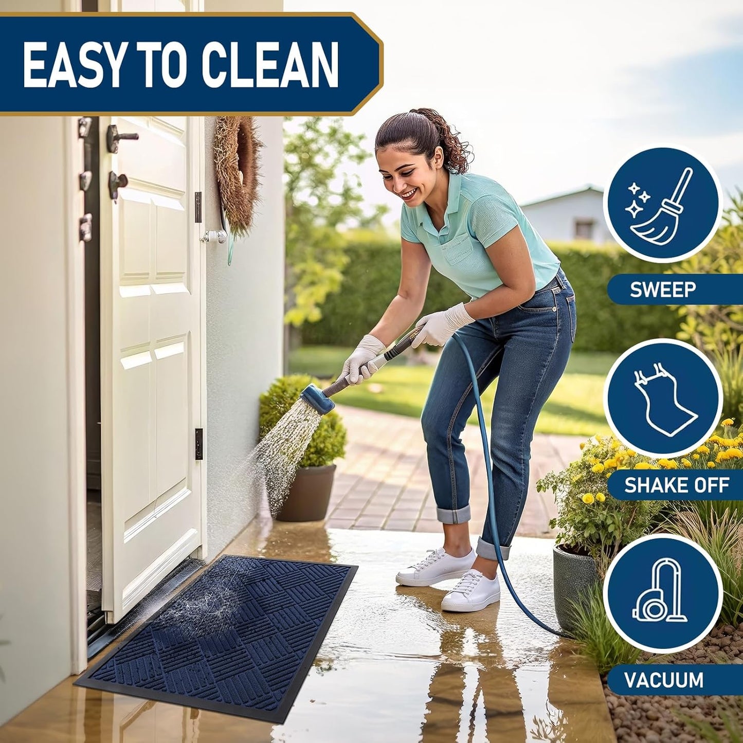 Smiry Front Door Mat Outside Entrance, Heavy Duty Outdoor Indoor Natural Rubber Doormat, Non Slip, Trap Dirt and Moisture, Easy Clean, Low Profile Patio Porch Entryway Mat, 59x23, Navy Blue