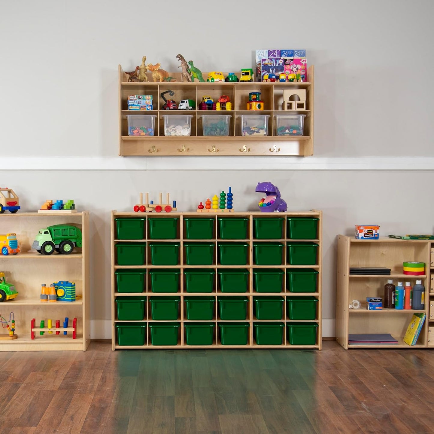 Wood Designs Cubby Storage Bin, Heavy Duty Plastic Containers for Kids Green Cubby Tray Set of 20