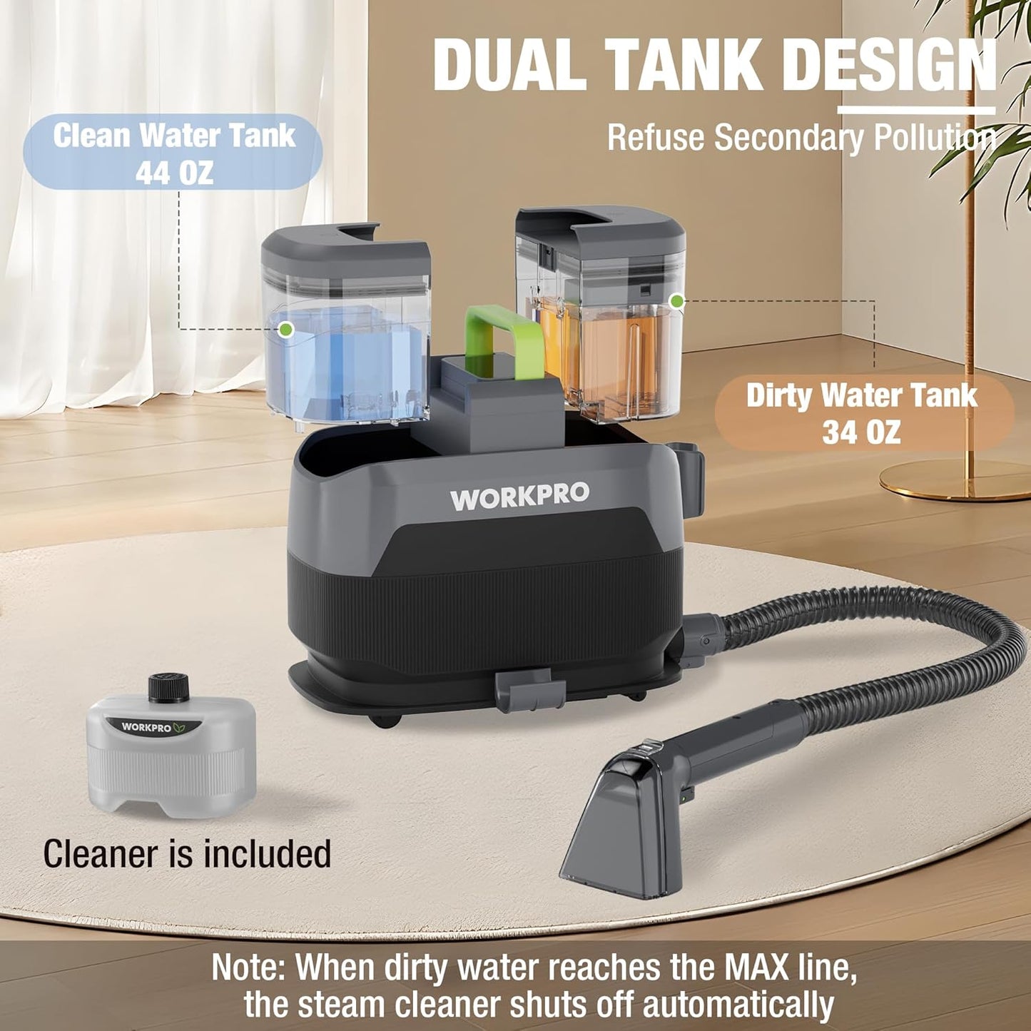 WORKPRO Steam Portable Carpet and Upholstery Cleaner, 16KPa Upholstery Cleaner Machine with Steam & Heating System, 4 Cleaning Modes & Versatile Tools, Spot Cleaner for Pet Stains, Couch, Car Seat