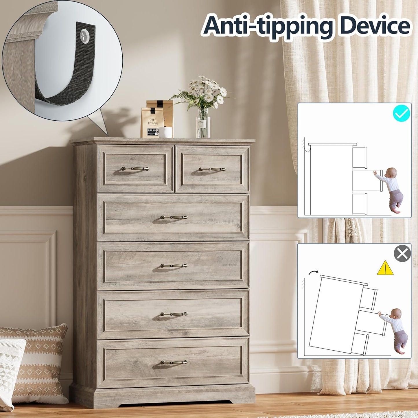 6 Drawer Dresser for Bedroom, 49" Tall Wooden Chest of Drawers, Rustic Farmhouse Dresser with Large Drawers & Metal Handles, Modern Storage Organizer for Closet, Living Room, Hallway, Grey