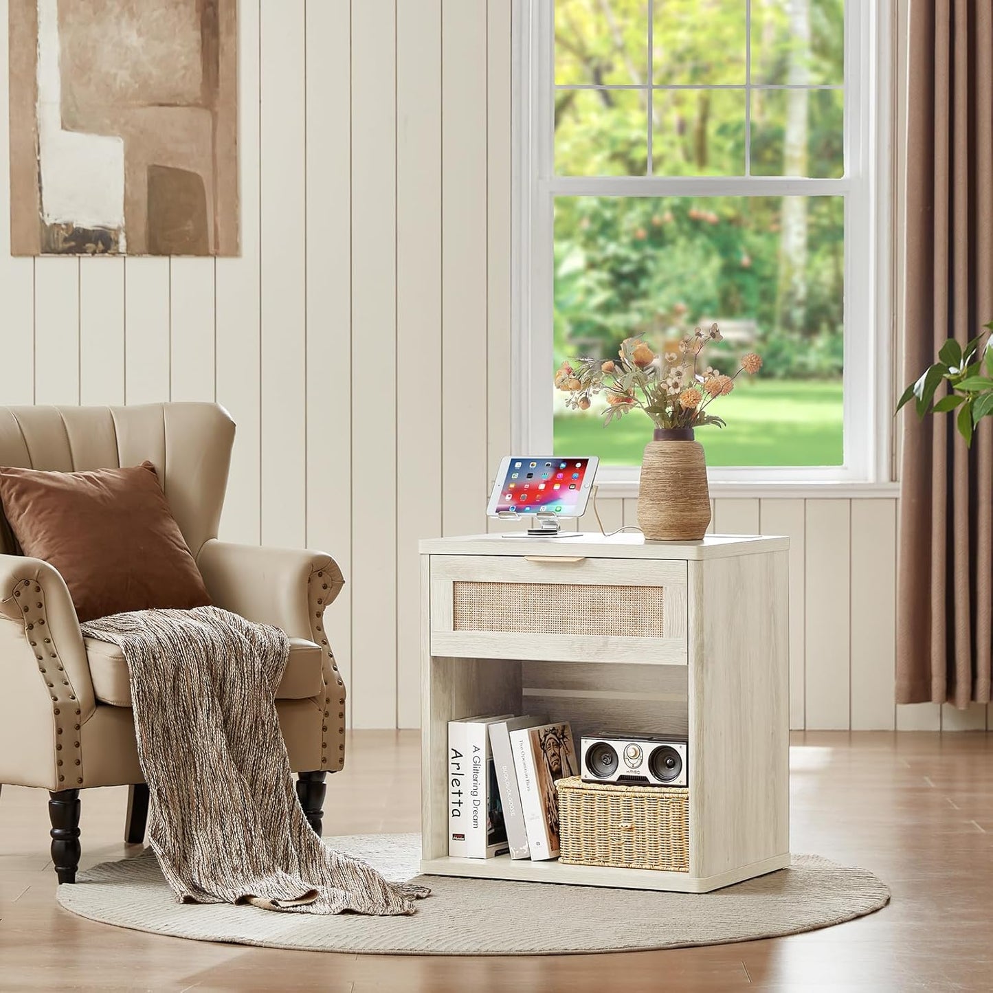 LEYAOYAO Rattan Nightstands Set of 2 with Charging Station, 23" Wide Boho Night Stand with Drawer, Grey White Bedside Table Open Cabinet, Bed Side End Table Dresser for Bedroom, Living Room, Hallway