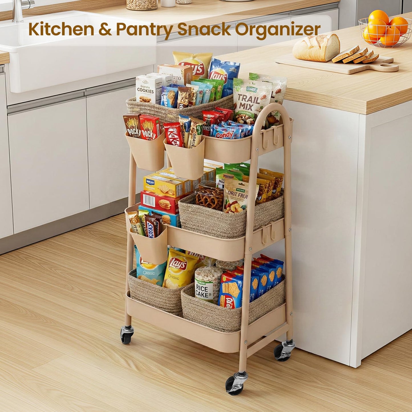 3-Tier Rolling Utility Cart with 4 Woven Baskets, Diaper Book Snack Cart, Storage Organizer for