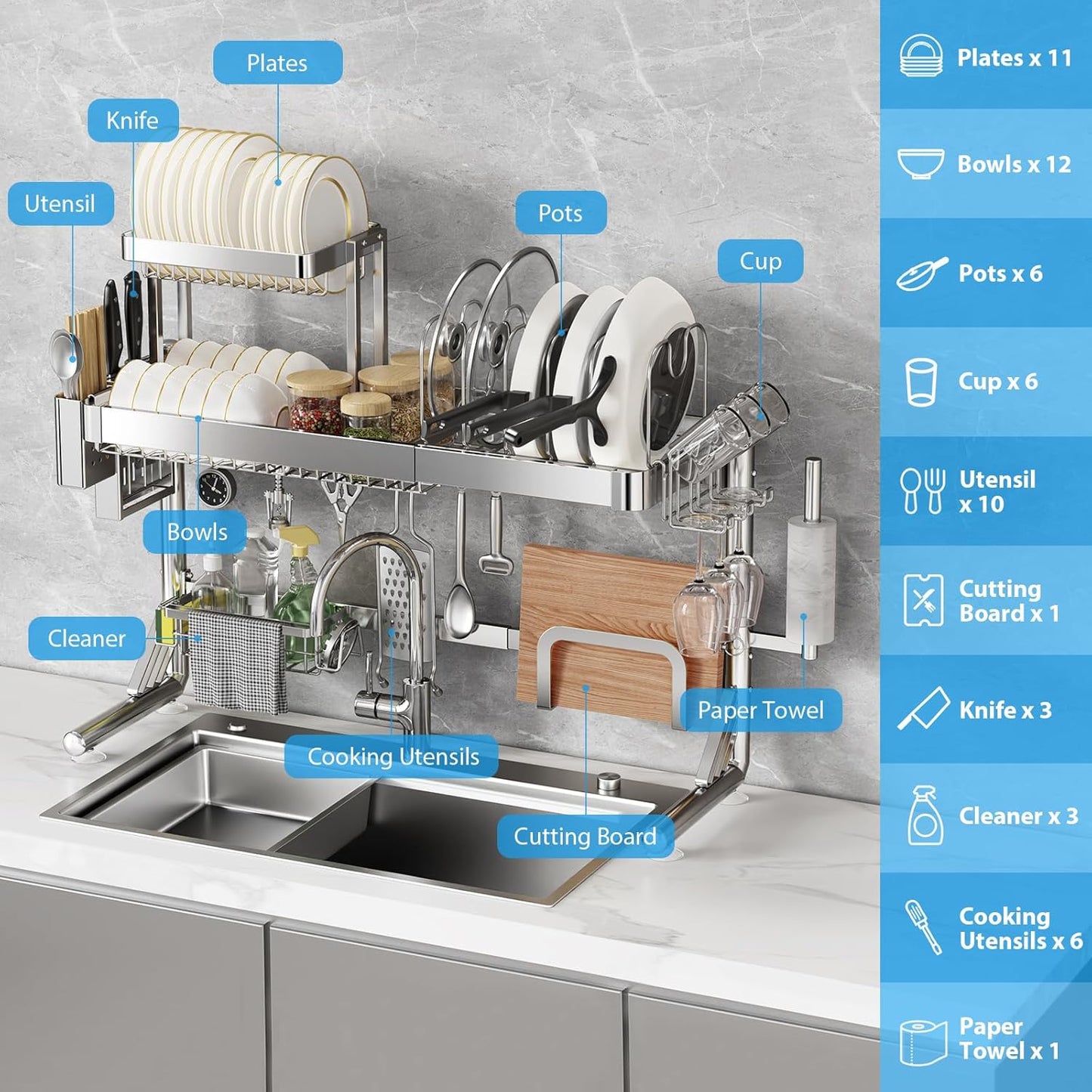 Over Sink Dish Drying Rack, Upgrade 2.5-Tier 304 Stainless Steel Dish Rack Adjustable Length with Pots and Pans Rack, Modern Over The Sink Dish Drainer Rack for Kitchen Storage Counter Organizer