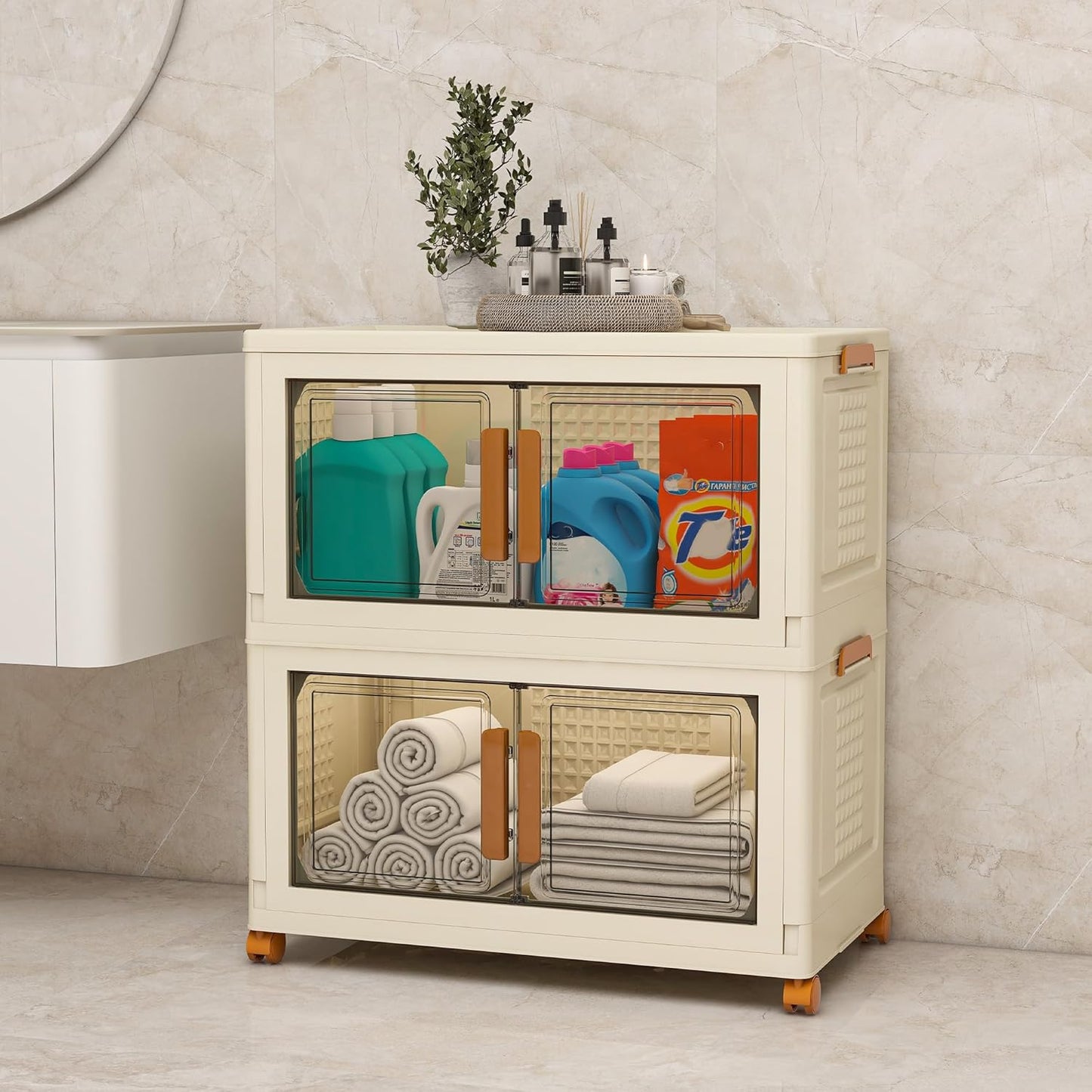 Plastic Stackable Storage Bins with Lids and Wheels, Foldable Closet Organizers and Storage Containers for Bathroom, Collapsible Clear Drawer Storage Cabinet with Doors White 45Gal 2Tiers