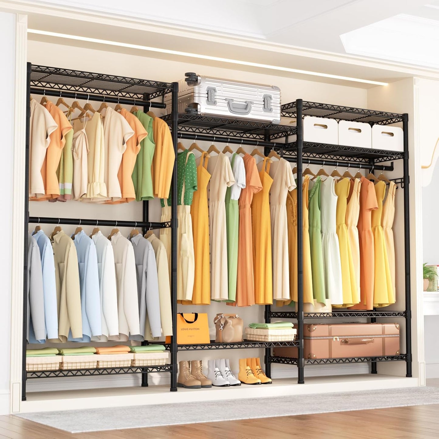 Heavy Duty Garment Rack Large Clothes Rack,Freestanding Closet Portable Clothing Rack with 8 Adjustable Wire Shelves and 4 Hang Rods,Metal Closet Storage Wardrobe Organizer System,Max Load 800lbs