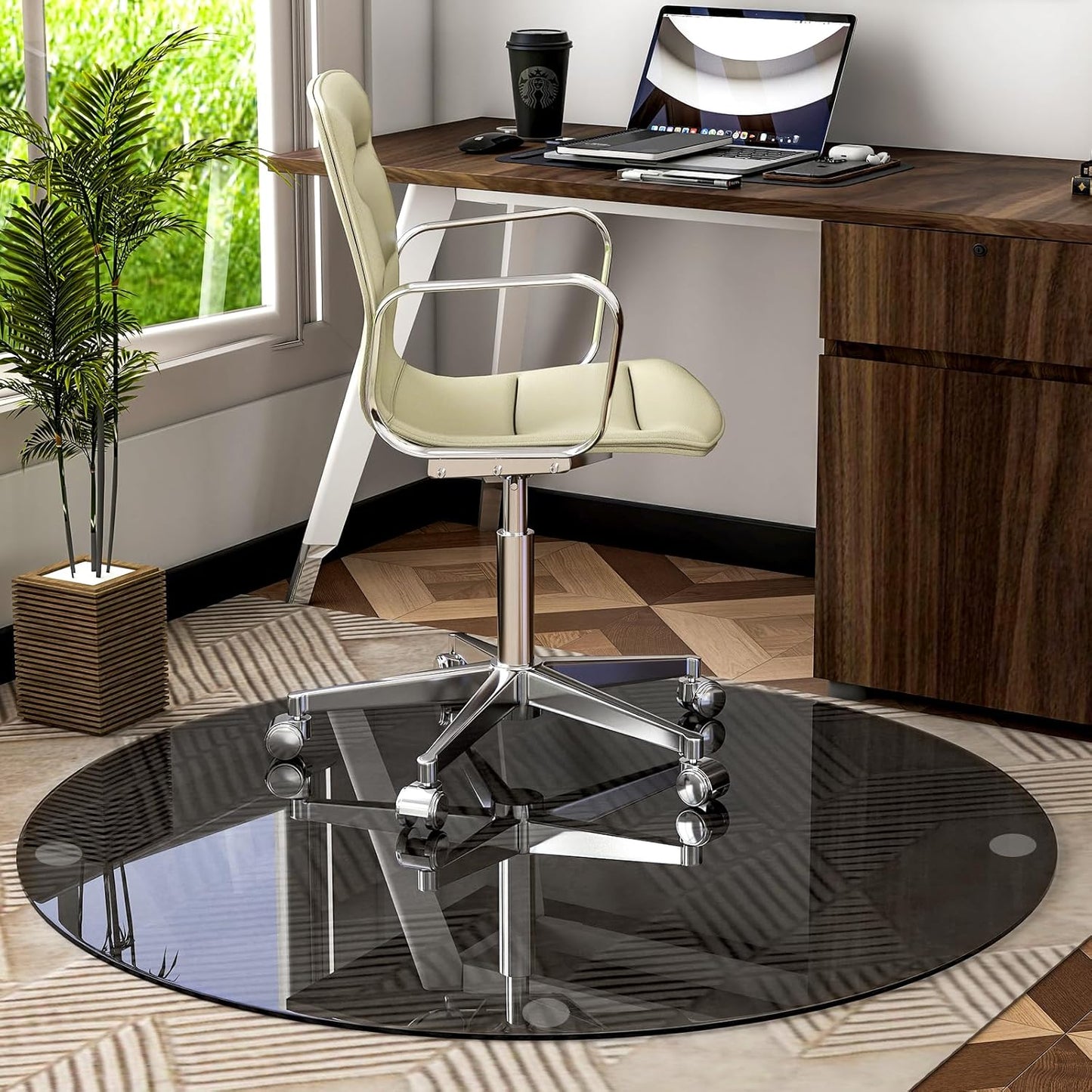 46" x 46" Round Tempered Glass Chair Mat for Carpet & Hardwood, Heavy-Duty Glass Floor Mat for Office Chair, Durable Glass Desk Mat for Home and Office, Gray