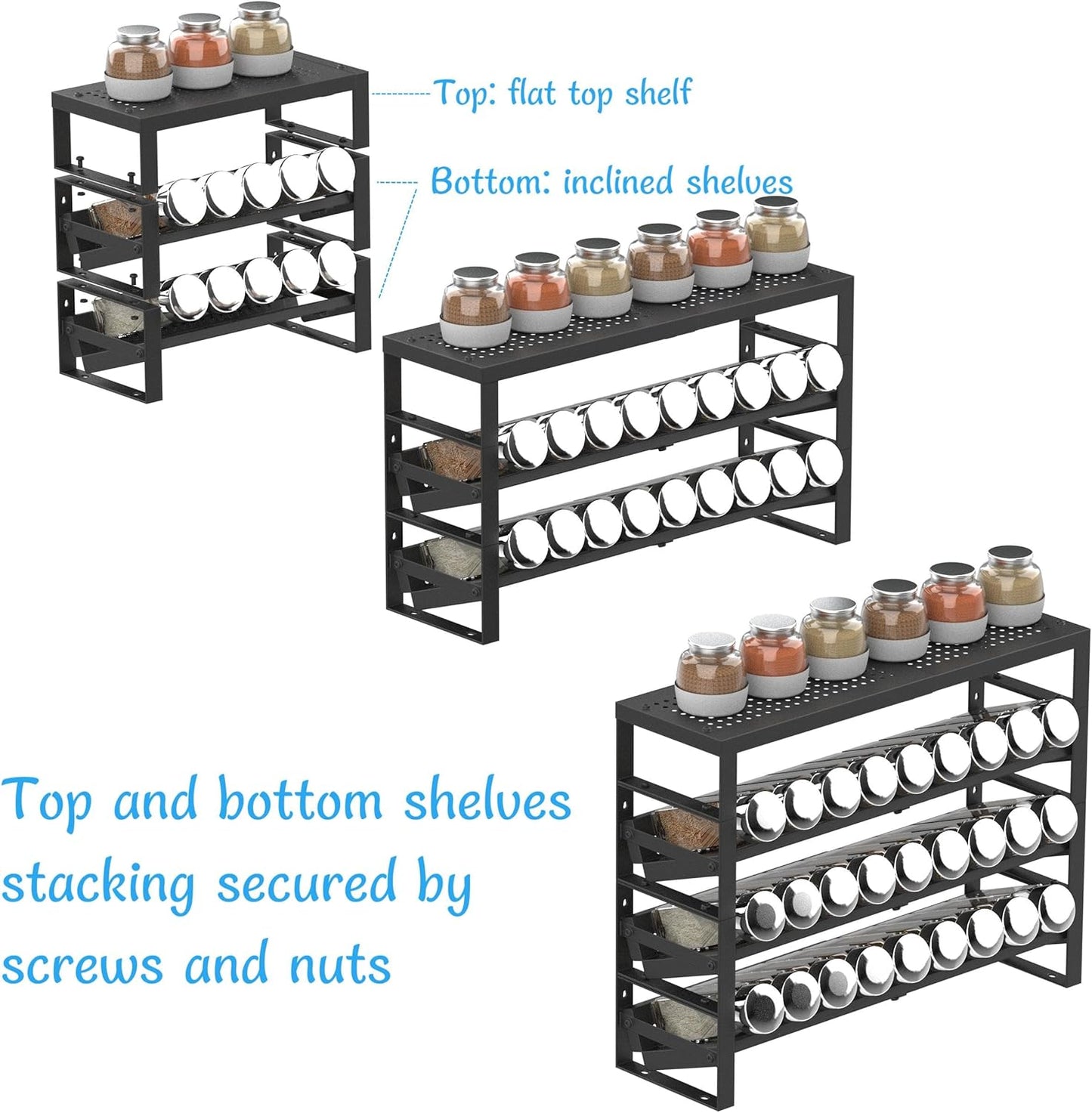 Expandable, Stackable, Adjustable Spice Rack kitchen Organizer,Metal Pantry Storage Shelves - Multi-Tier Shelf for Cabinet, Countertop, Pantries, Cupboard or Wall Mount,Black