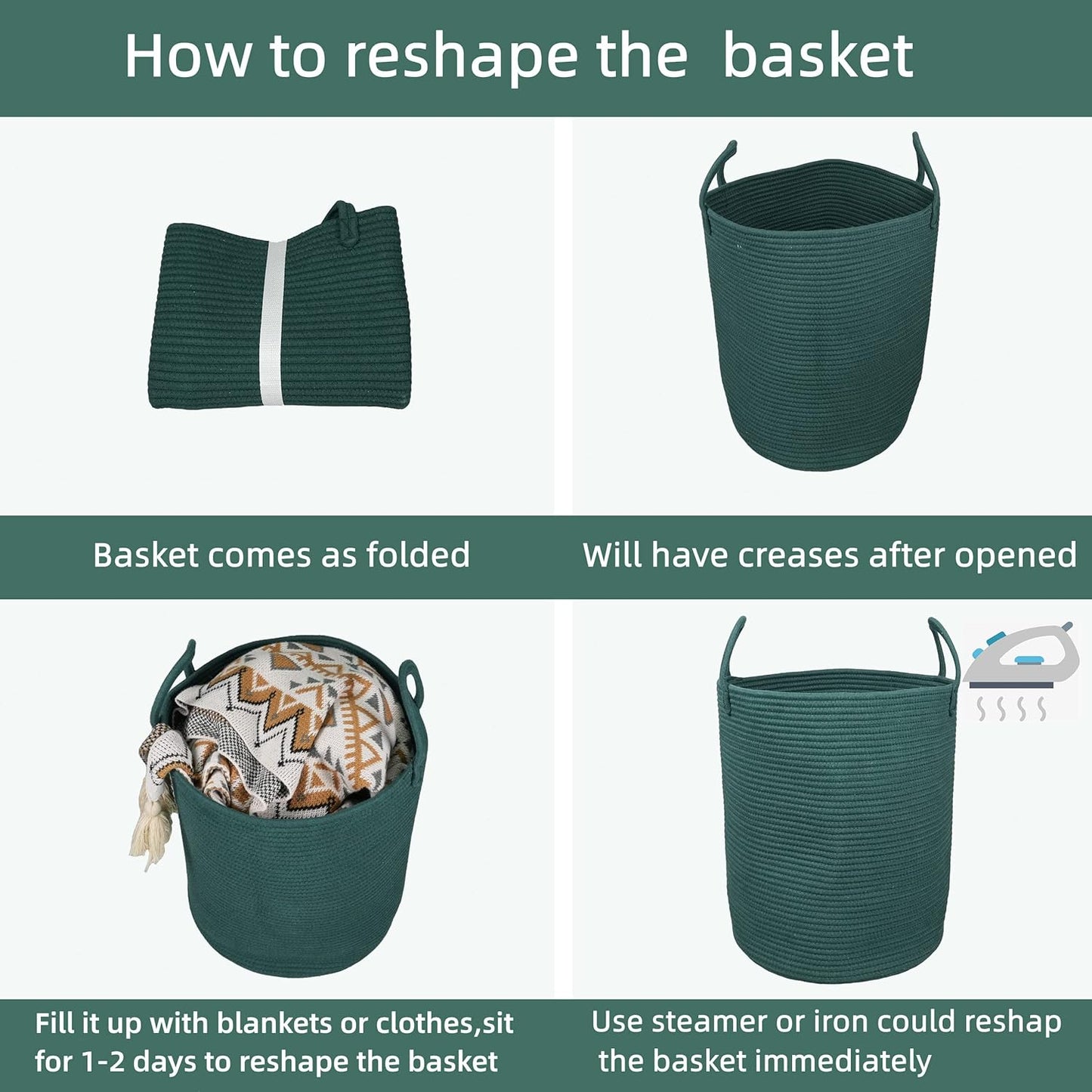 Cotton Rope Laundry Basket Hamper for Clothes Woven Storage Basket for Living Room Bedroom Boho Tall Rope Baskets for Blanket Toys Pillow Towels Baby Nursery Hamper Bin Large dark green