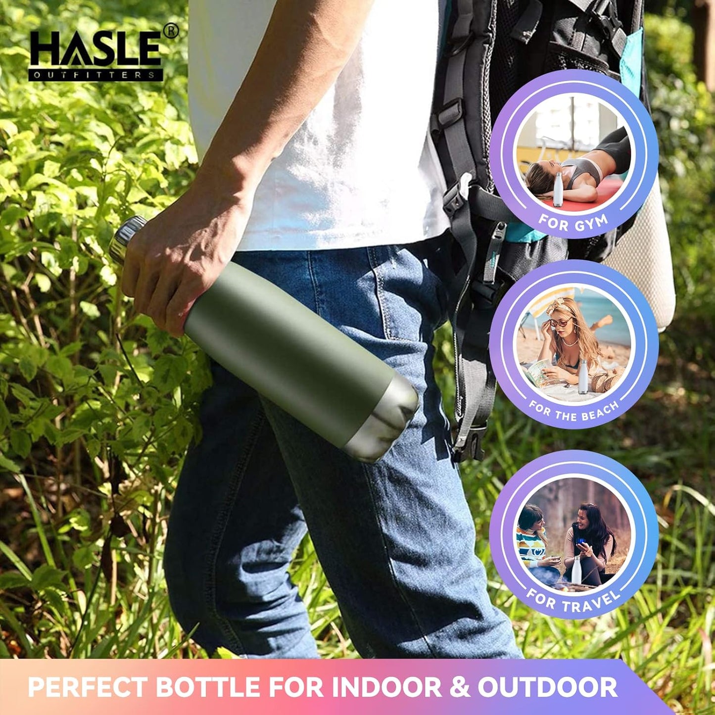 HASLE OUTFITTERS 17oz Stainless Steel Water Bottles Bulk, Vacuum Insulated Double Walled Powder Coated Reusable Metal Sports Water Bottles Keep Drinks Hot and Cold, ArmyGreen, 8Packs