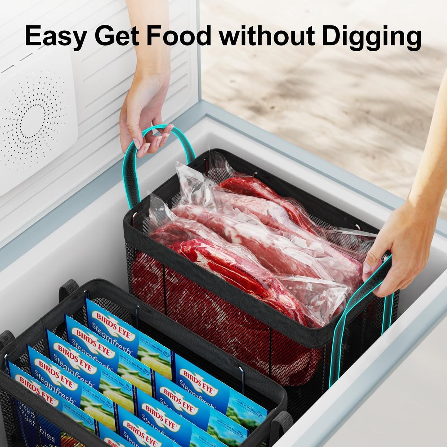 iSPECLE Freezer Organizer Bins - 3 Pack Large Stackable Deep Freezer Organizer Bins for 5 to 7 Cu.Ft Chest Freezers Easy Get Foods without Digging, Faster Freezing Better Freshness, Black