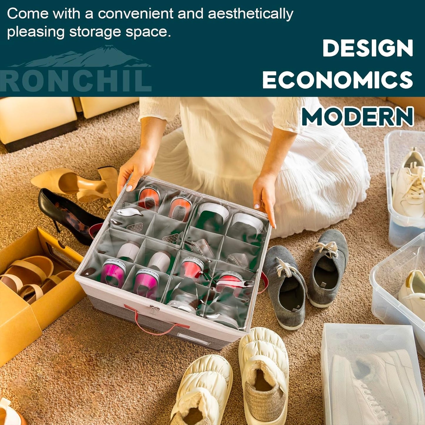 Shoe Organizer for Closet, Foldable Shoe Storage Bins with Clear Cover, Space Saving Shoes Holder with 4 Handles, Large Adjustable Shoe Box Storage Containers, Fits 8-16 Pairs, 2 Pack, Beige